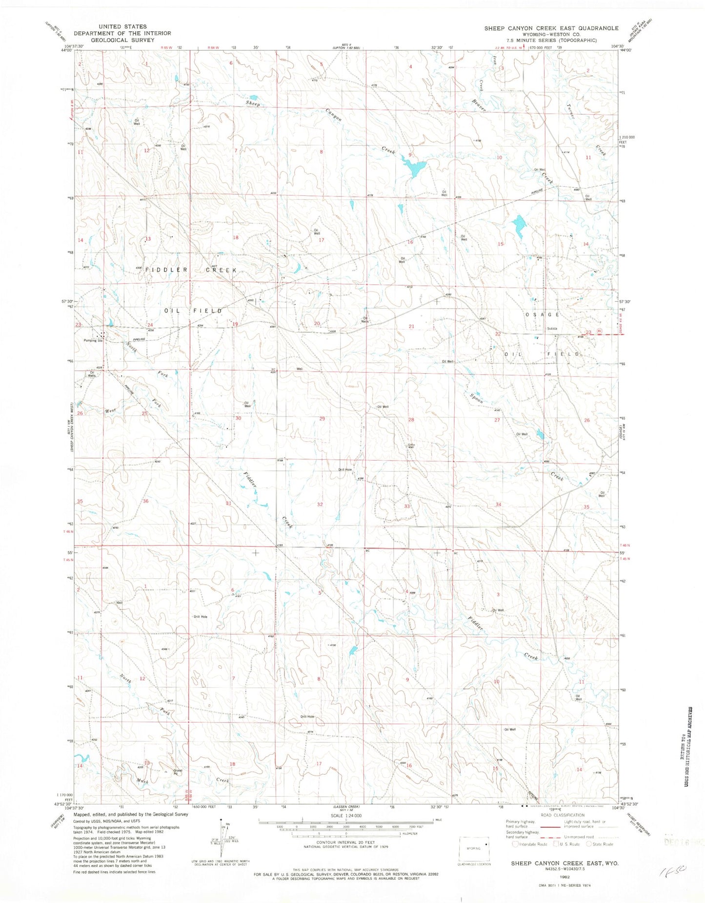 Classic USGS Sheep Canyon Creek East Wyoming 7.5'x7.5' Topo Map Image