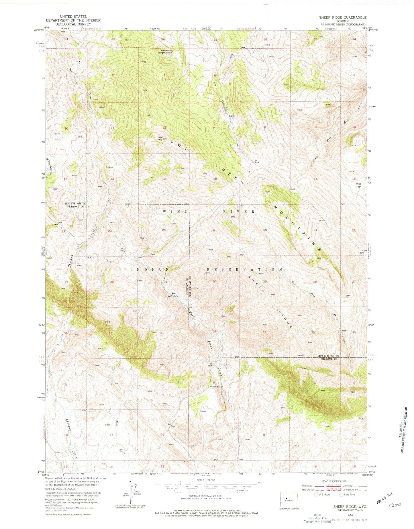 Classic USGS Sheep Ridge Wyoming 7.5'x7.5' Topo Map Image