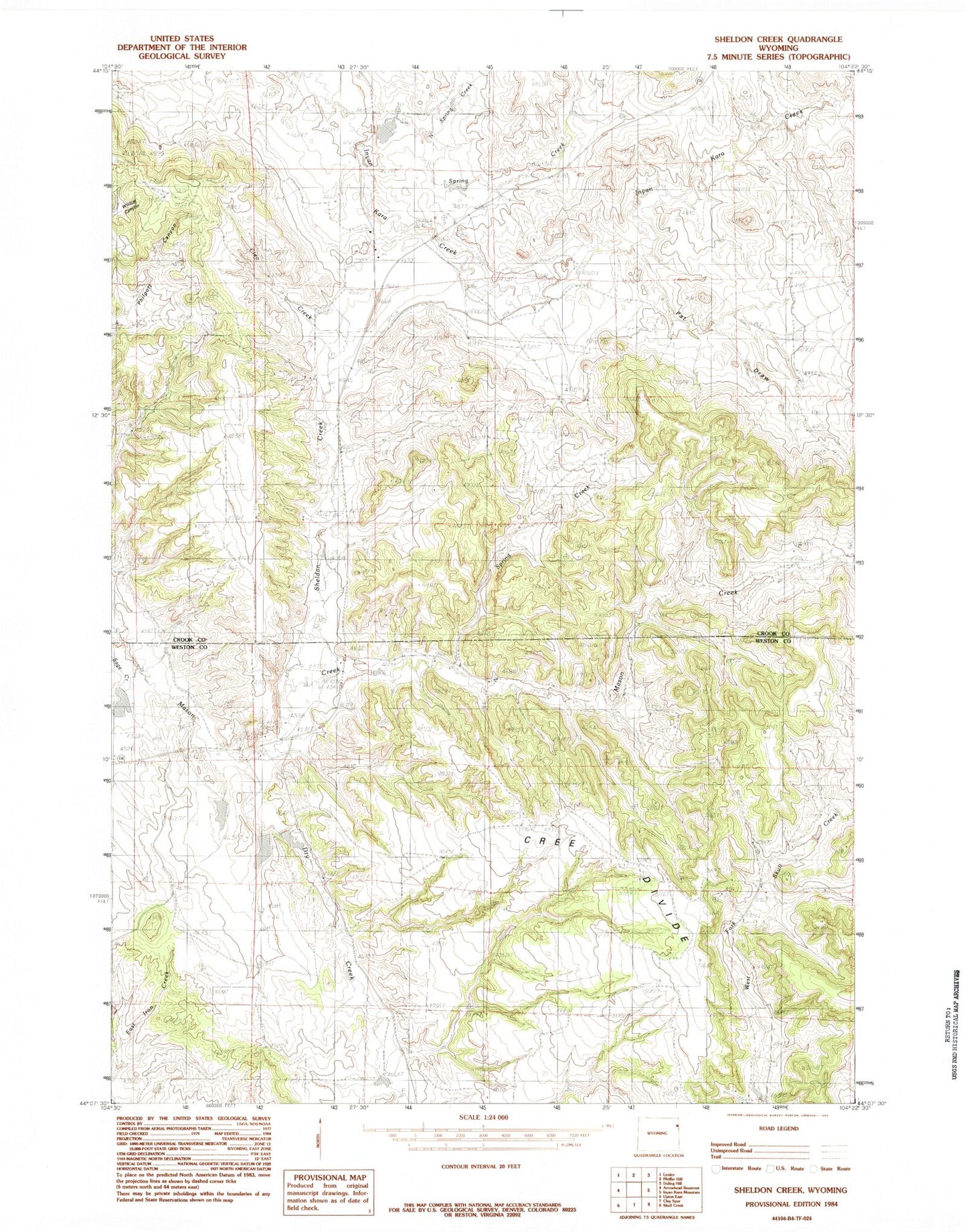 Classic USGS Sheldon Creek Wyoming 7.5'x7.5' Topo Map Image