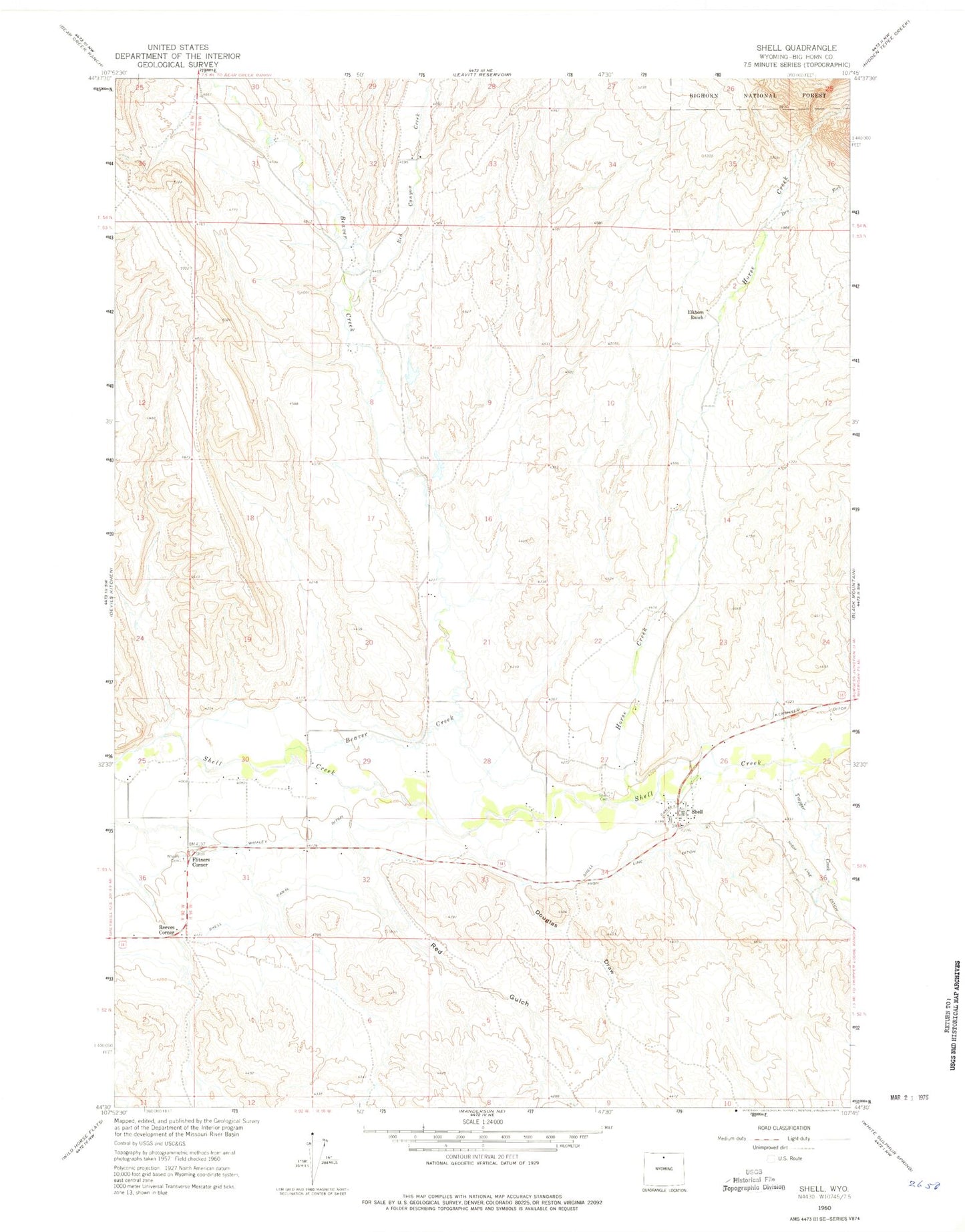 Classic USGS Shell Wyoming 7.5'x7.5' Topo Map Image