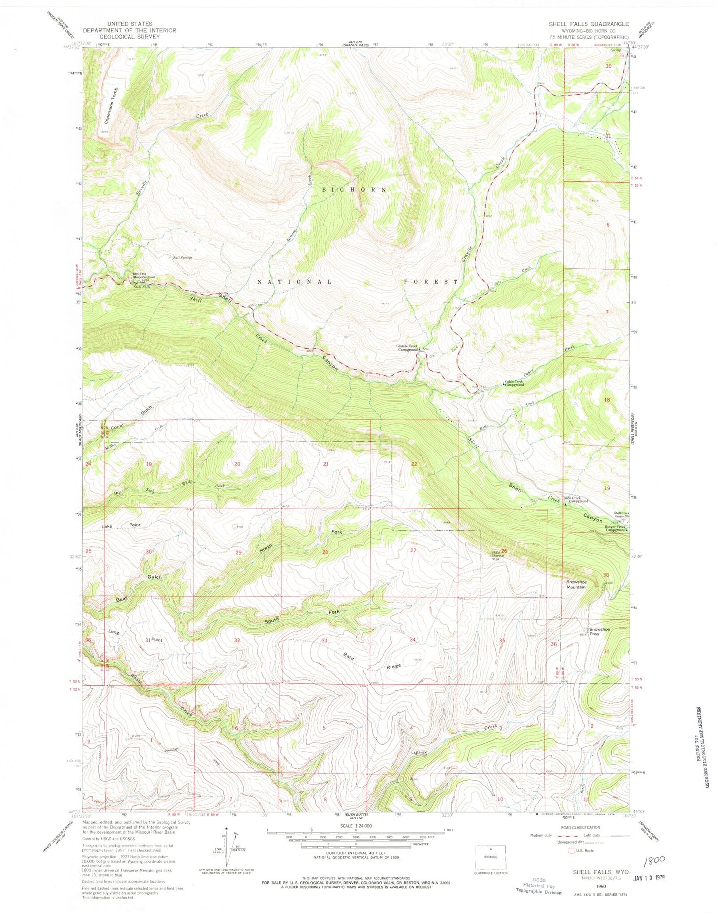 Classic USGS Shell Falls Wyoming 7.5'x7.5' Topo Map Image