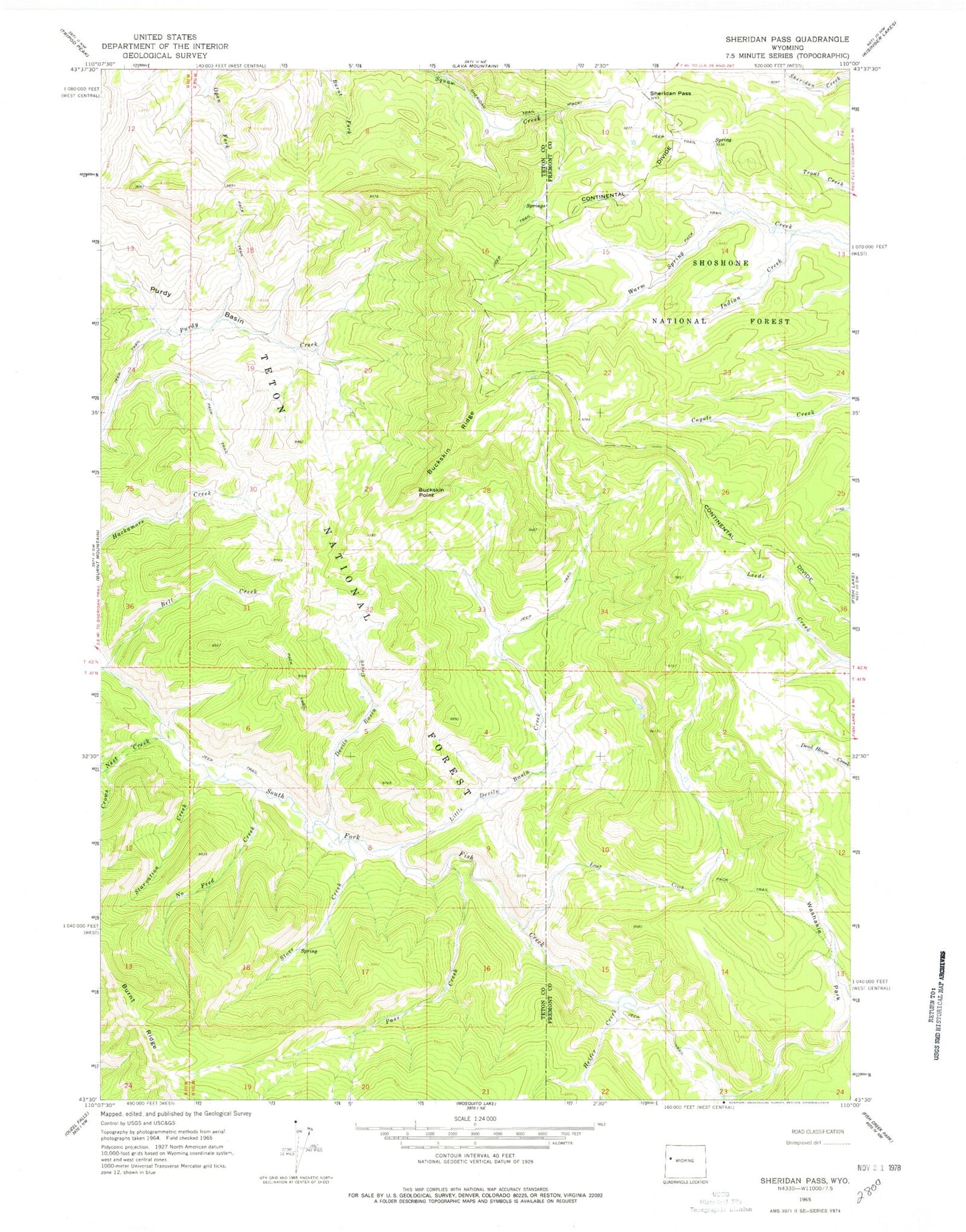 Classic USGS Sheridan Pass Wyoming 7.5'x7.5' Topo Map Image