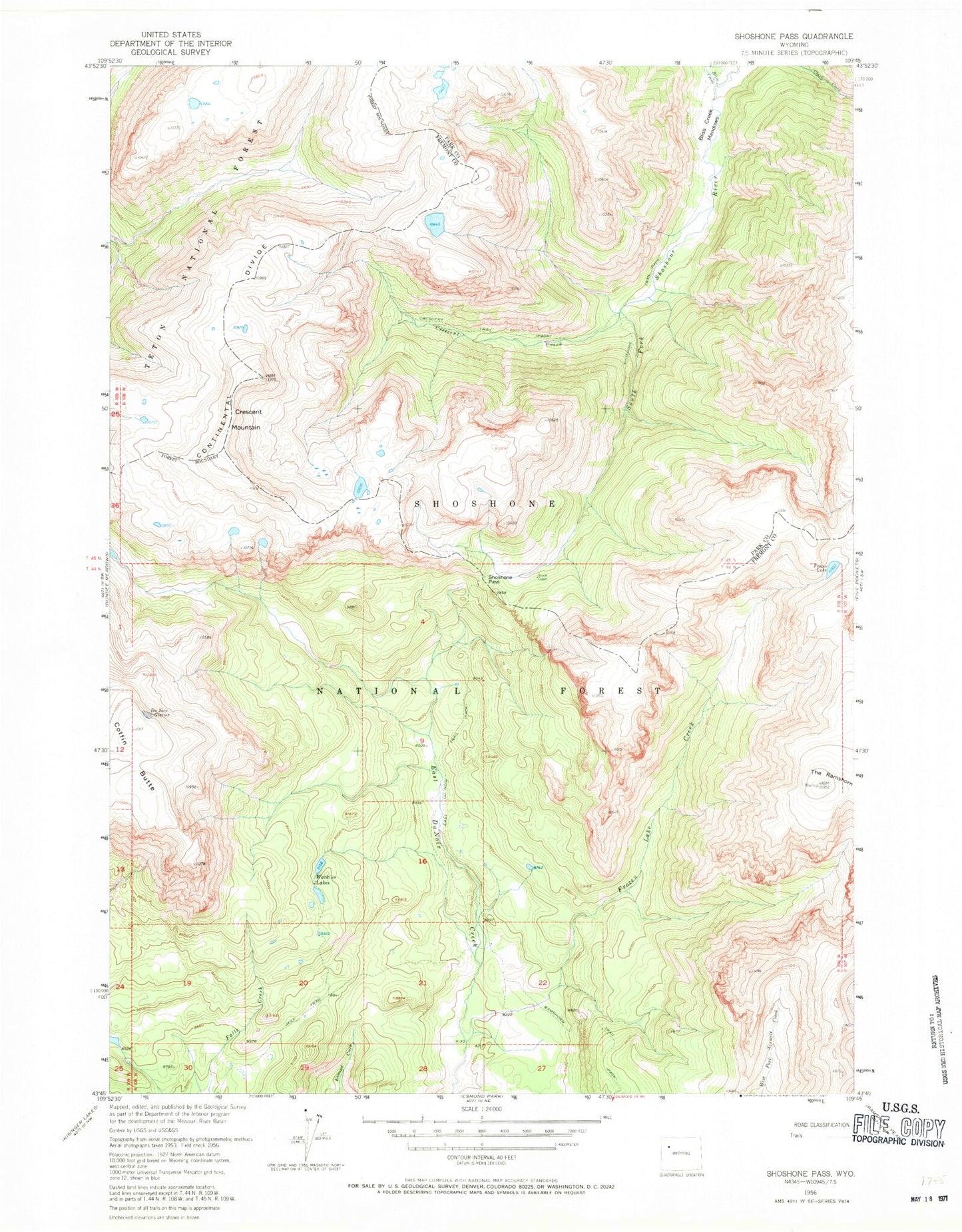 Classic USGS Shoshone Pass Wyoming 7.5'x7.5' Topo Map Image