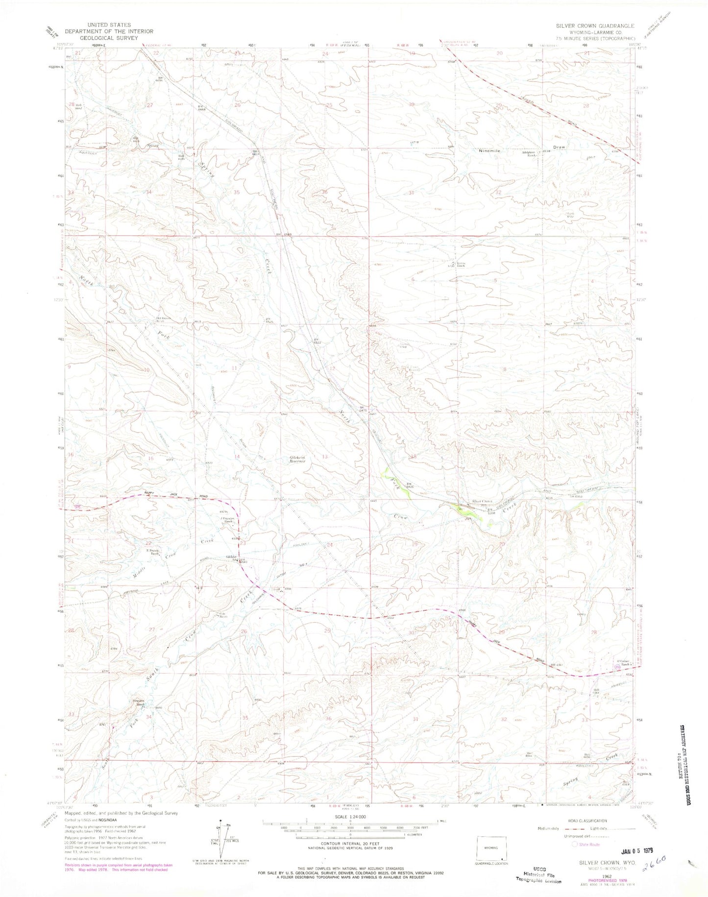 Classic USGS Silver Crown Wyoming 7.5'x7.5' Topo Map Image