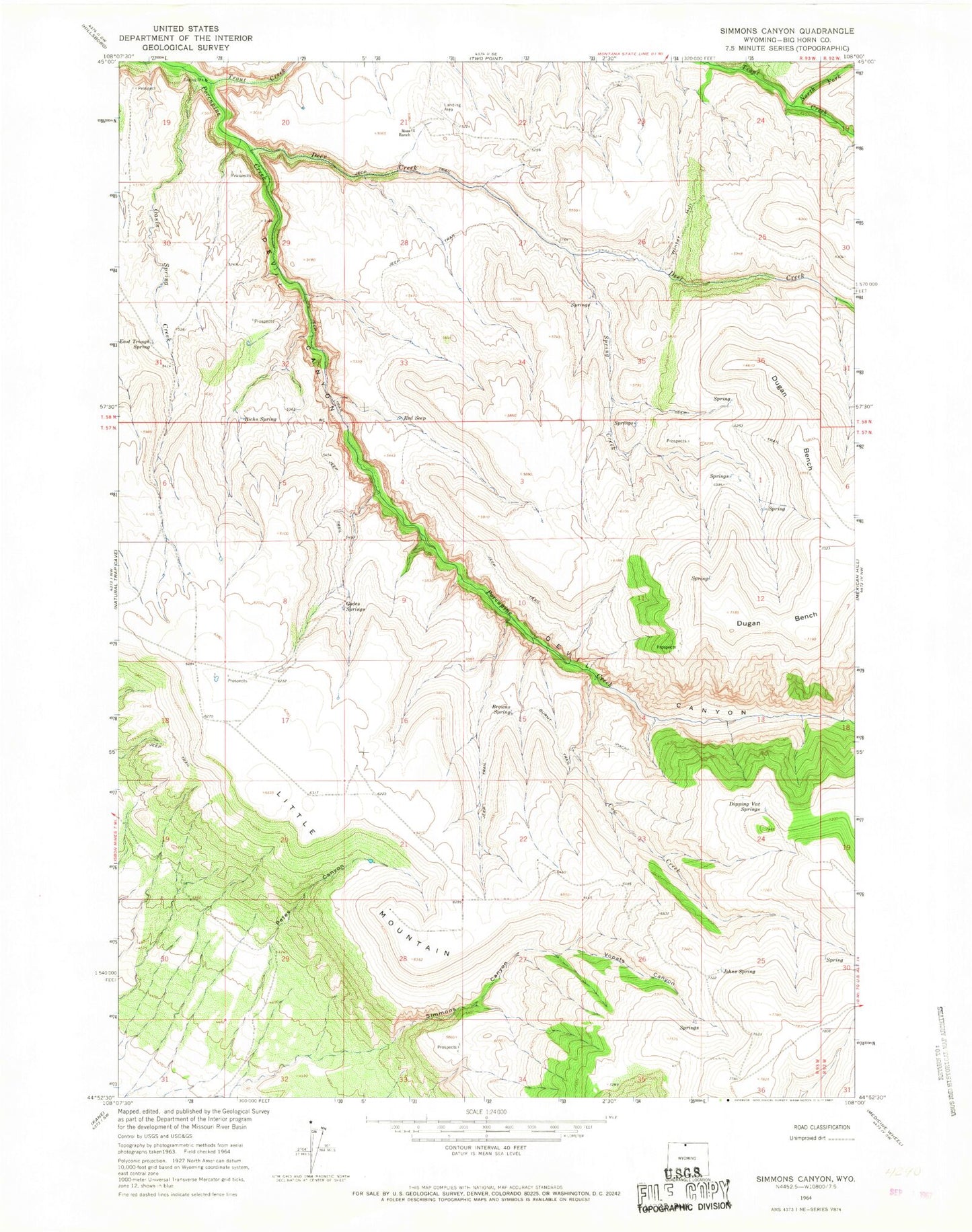 Classic USGS Simmons Canyon Wyoming 7.5'x7.5' Topo Map Image