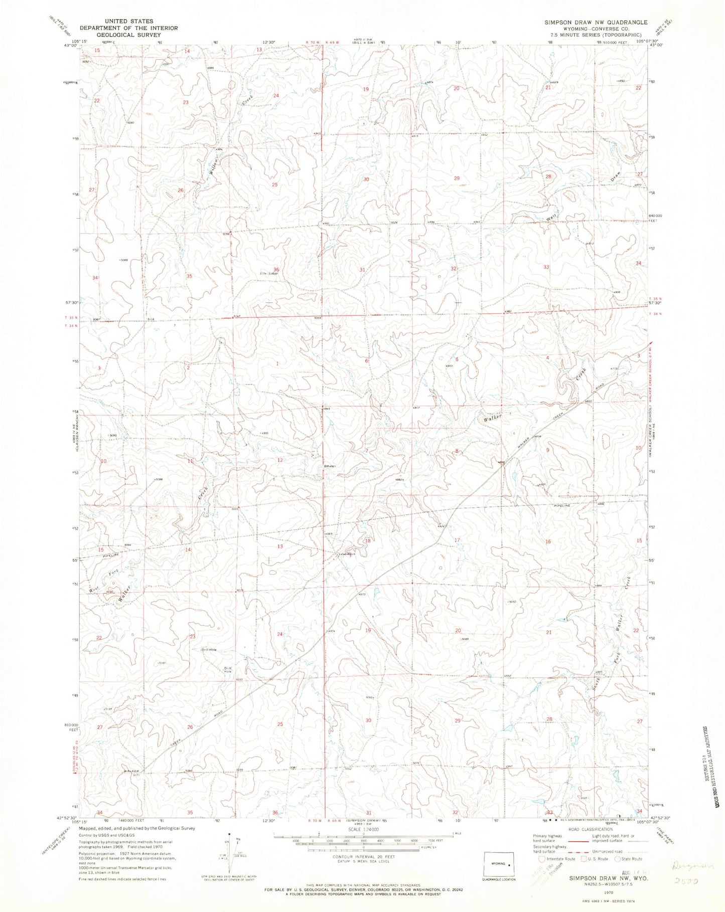 Classic USGS Simpson Draw NW Wyoming 7.5'x7.5' Topo Map Image