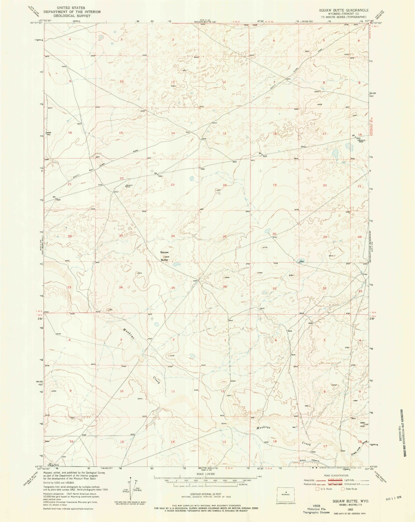 Classic USGS Squaw Butte Wyoming 7.5'x7.5' Topo Map Image
