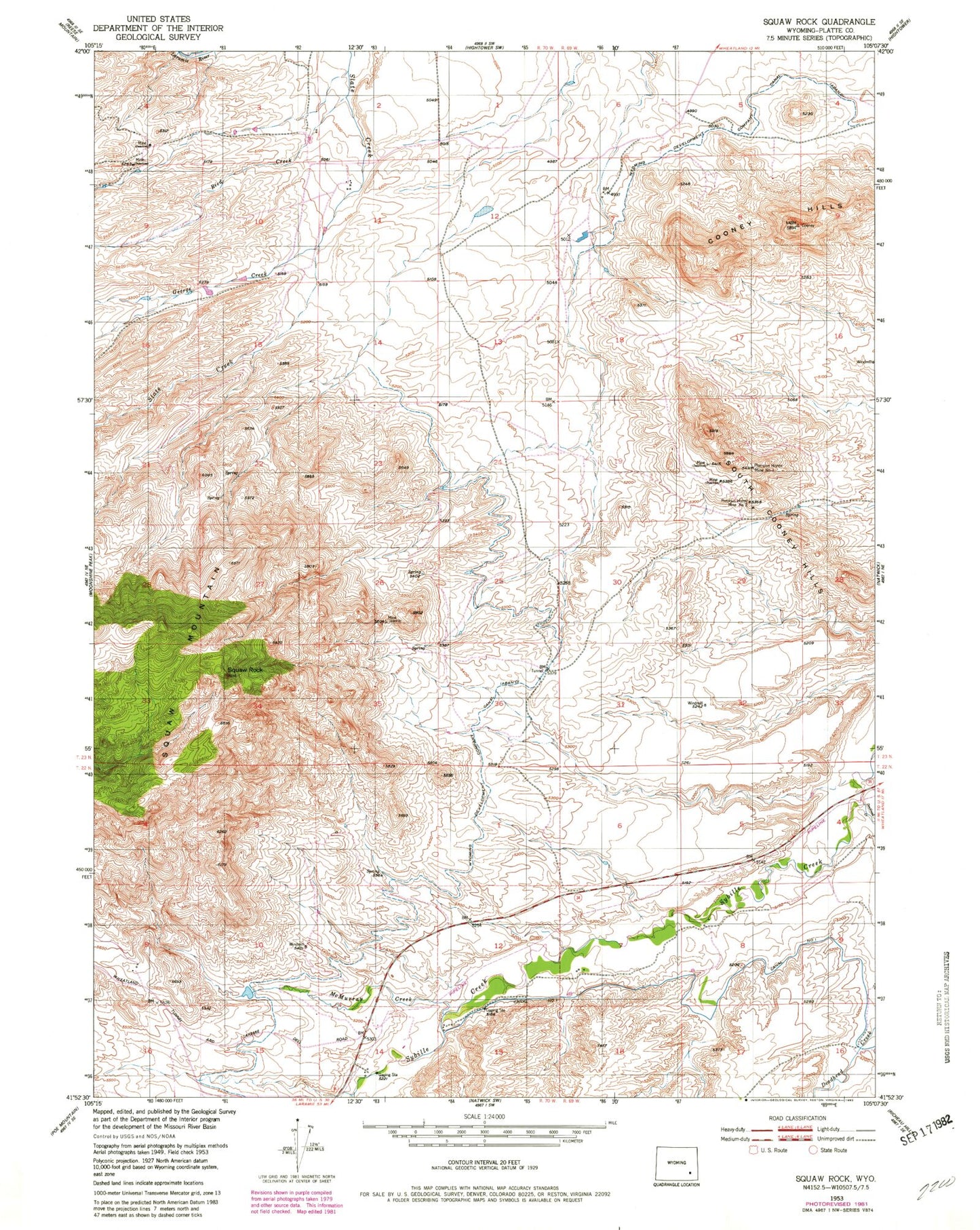 Classic USGS Squaw Rock Wyoming 7.5'x7.5' Topo Map Image