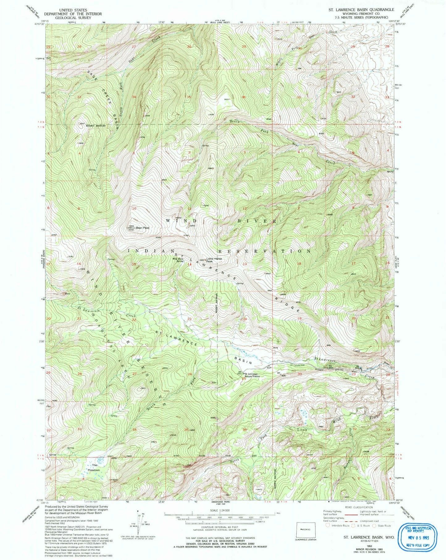 Classic USGS Saint Lawrence Basin Wyoming 7.5'x7.5' Topo Map Image