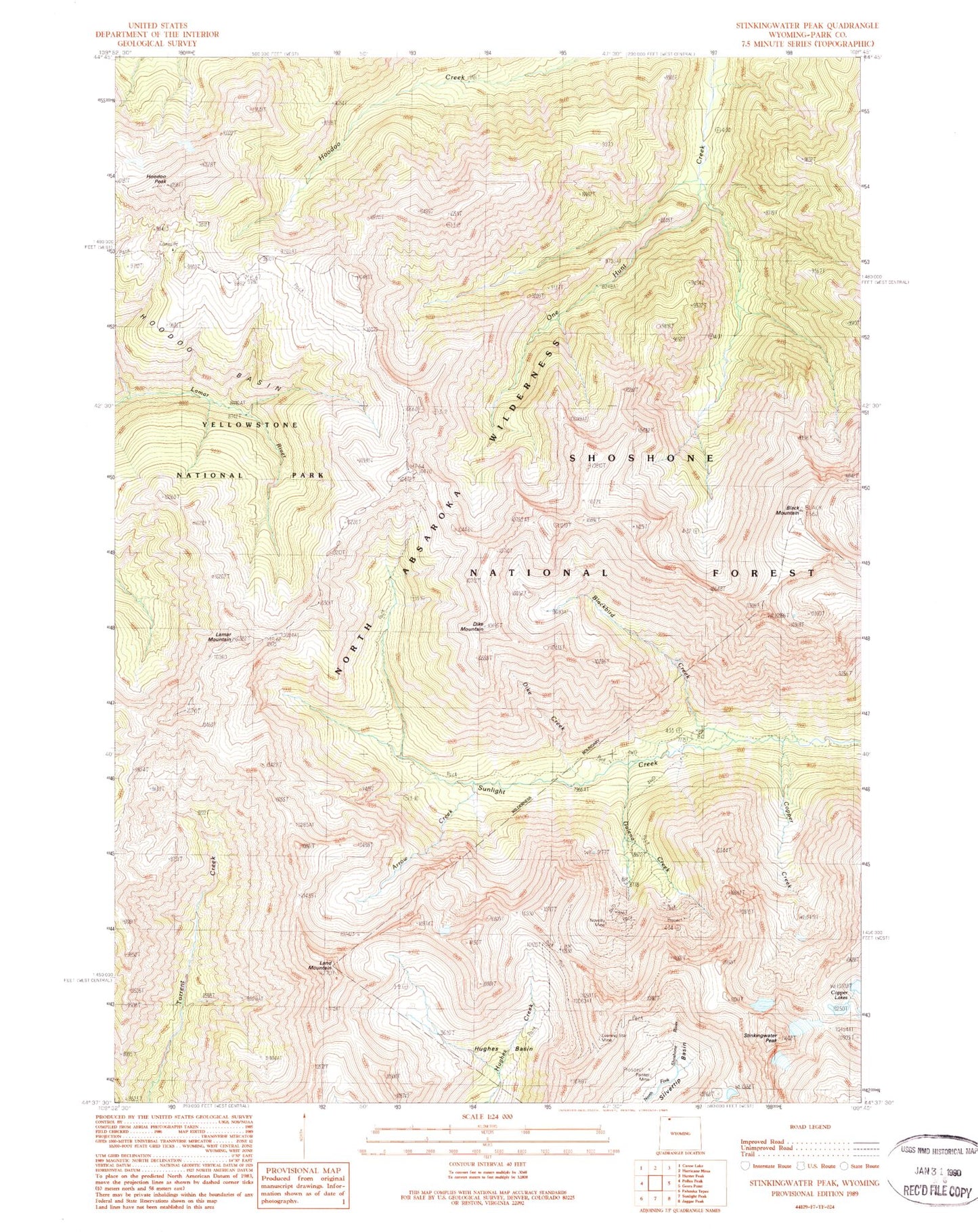 Classic USGS Stinkingwater Peak Wyoming 7.5'x7.5' Topo Map Image