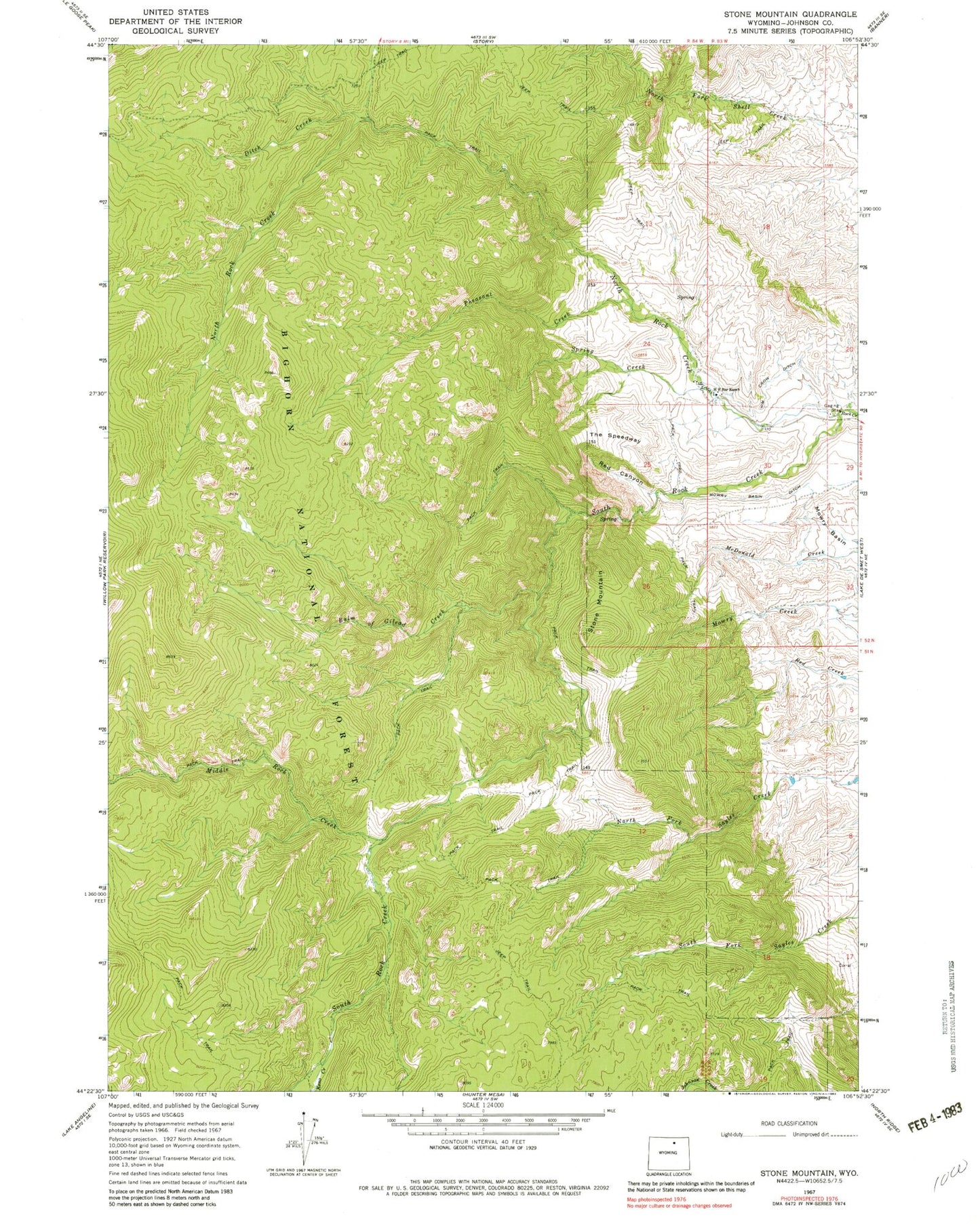 Classic USGS Stone Mountain Wyoming 7.5'x7.5' Topo Map Image