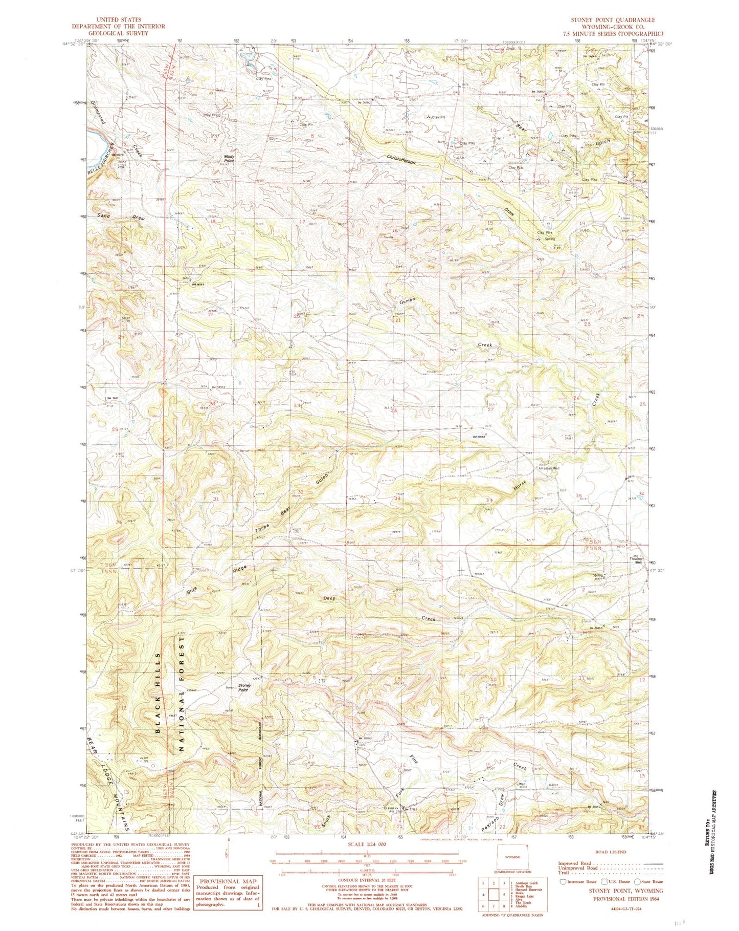 Classic USGS Stoney Point Wyoming 7.5'x7.5' Topo Map Image
