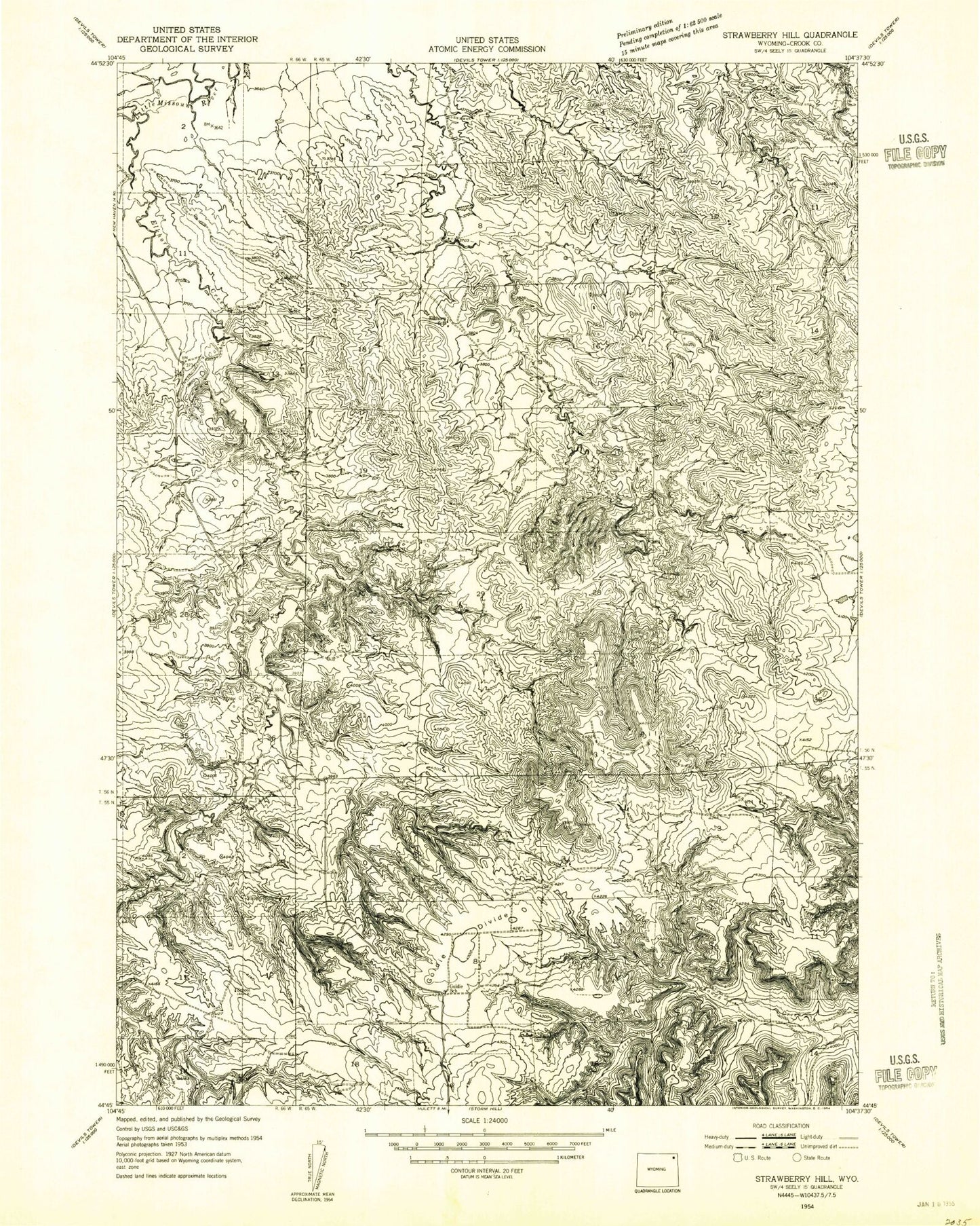 Classic USGS Strawberry Hill Wyoming 7.5'x7.5' Topo Map Image