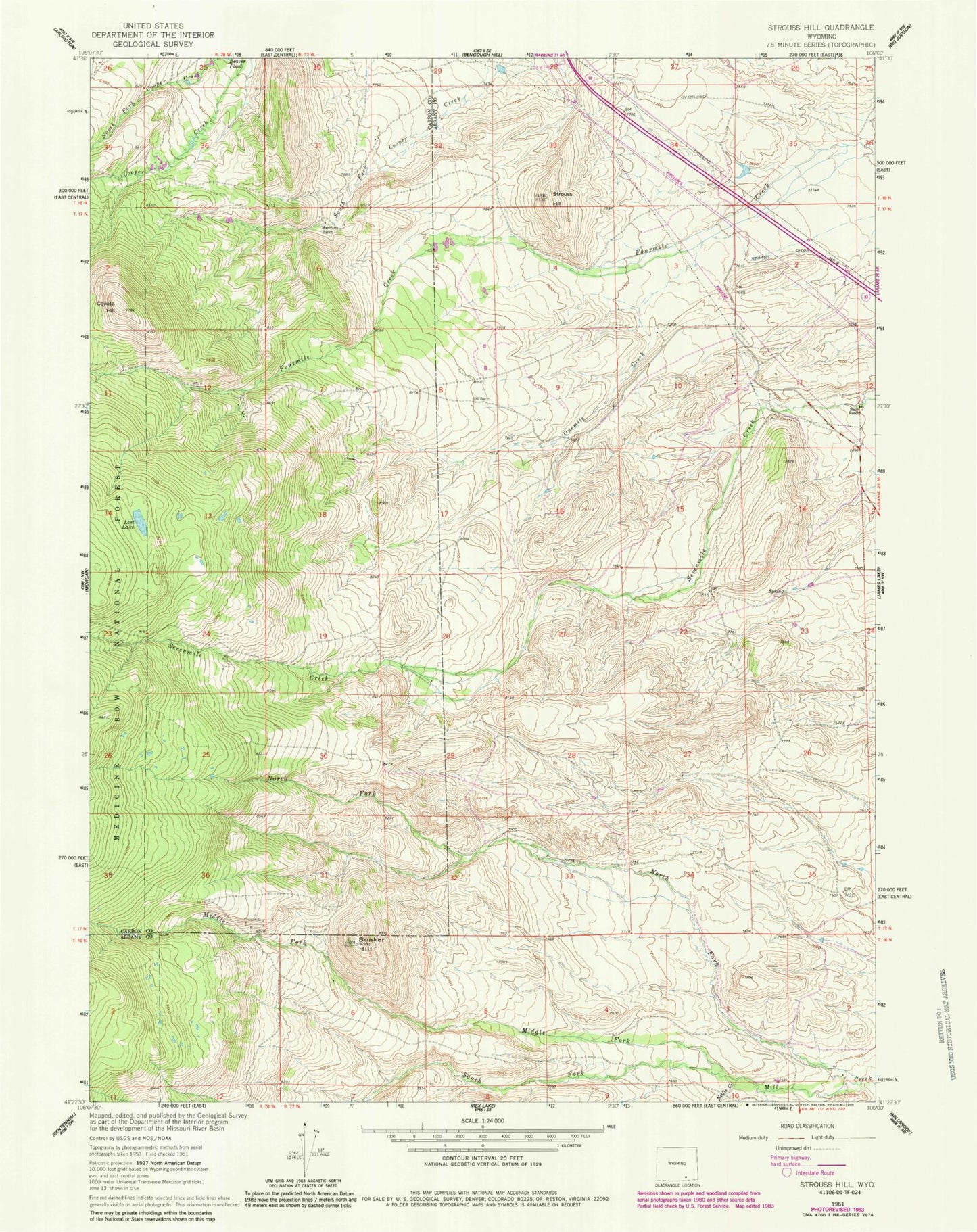 Classic USGS Strouss Hill Wyoming 7.5'x7.5' Topo Map Image