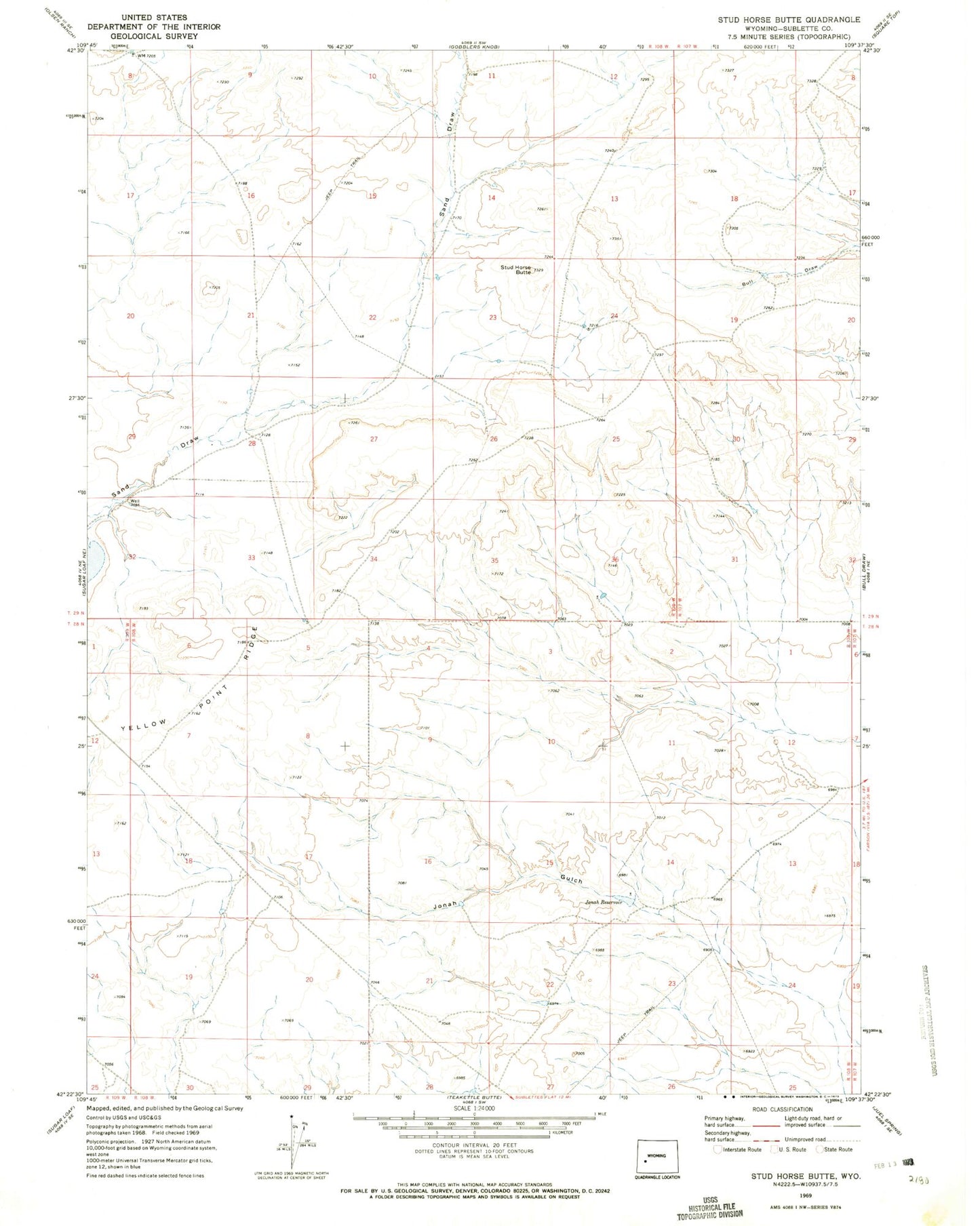 Classic USGS Stud Horse Butte Wyoming 7.5'x7.5' Topo Map Image