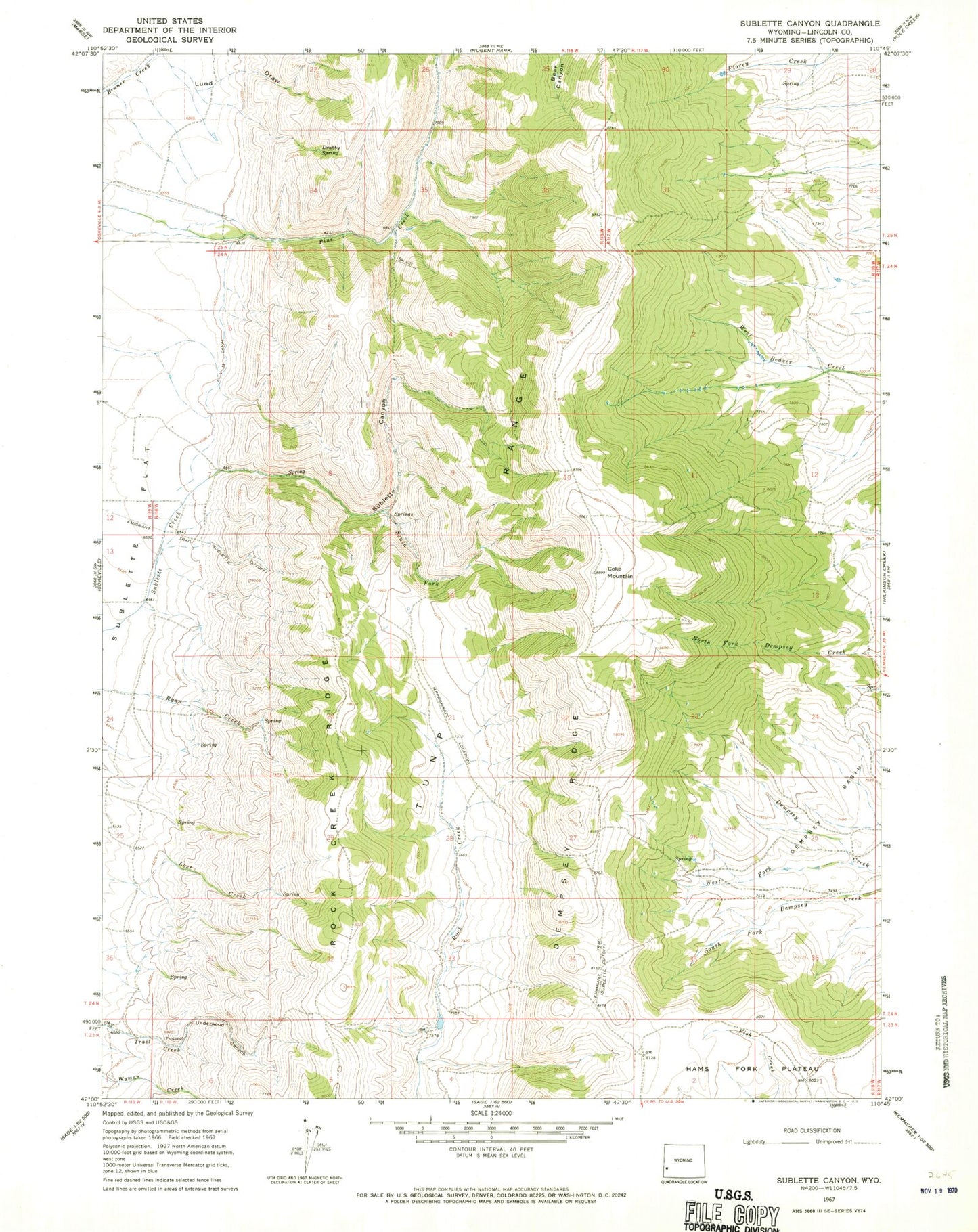 Classic USGS Sublette Canyon Wyoming 7.5'x7.5' Topo Map Image