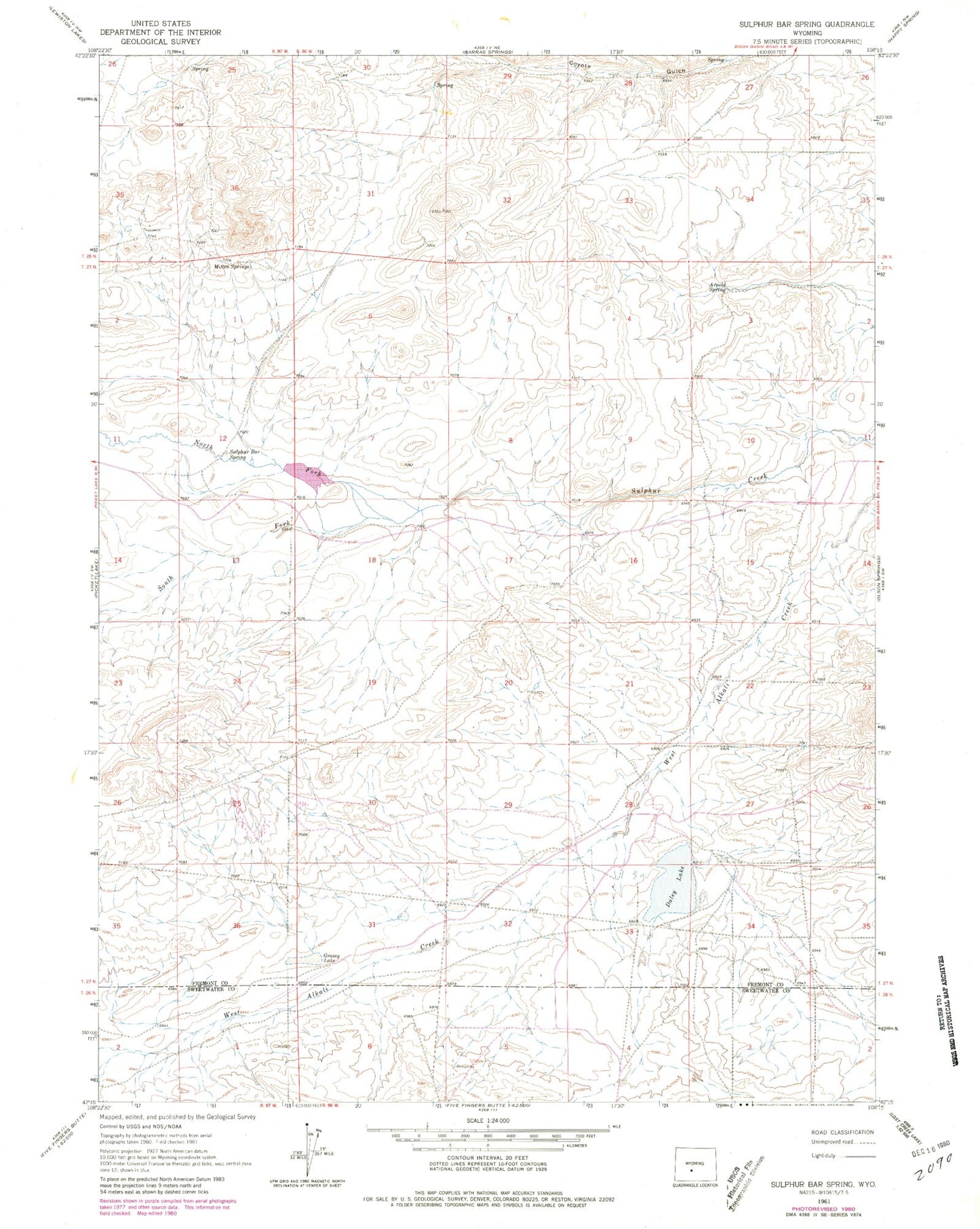 Classic USGS Sulphur Bar Spring Wyoming 7.5'x7.5' Topo Map Image