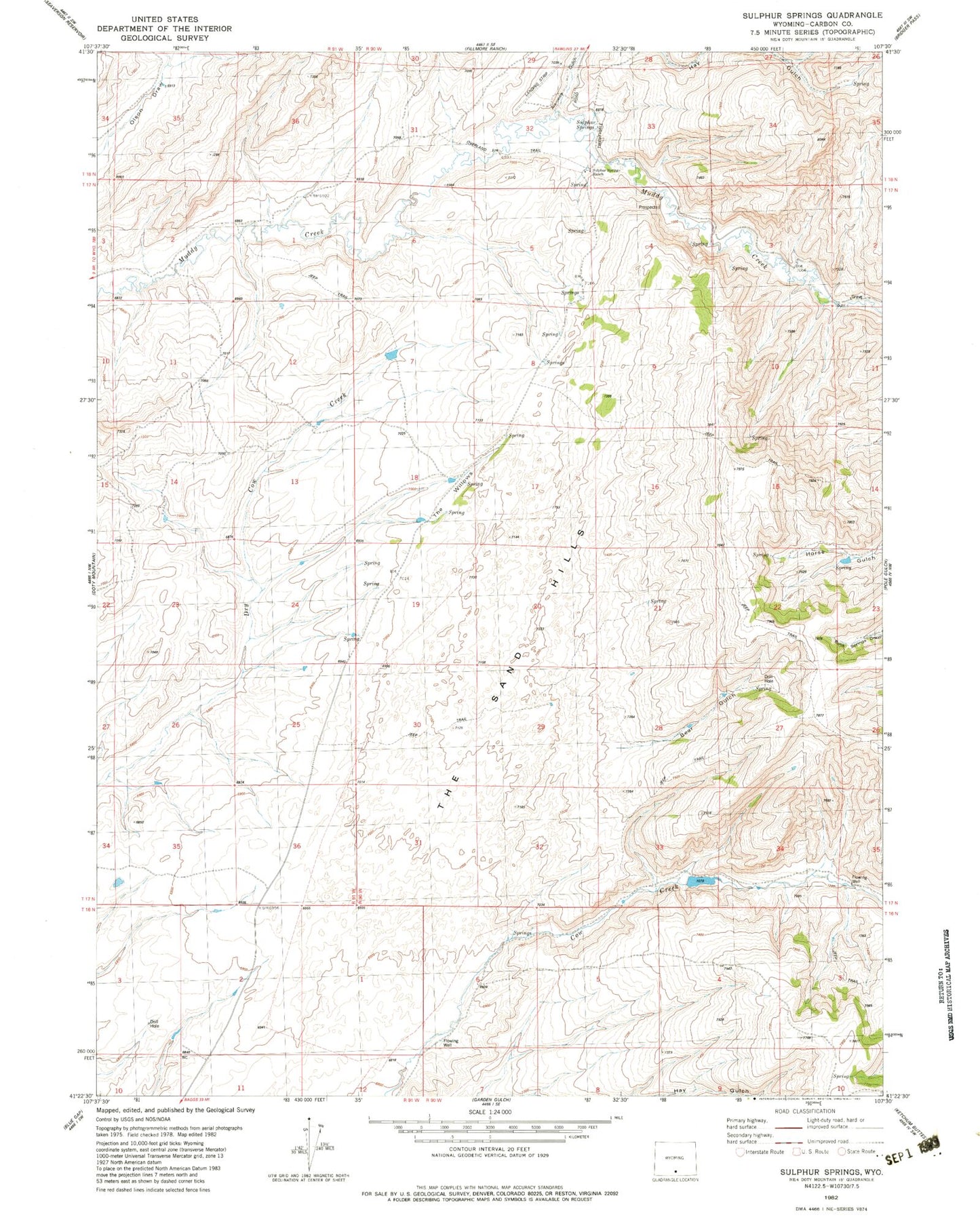 Classic USGS Sulphur Springs Wyoming 7.5'x7.5' Topo Map Image
