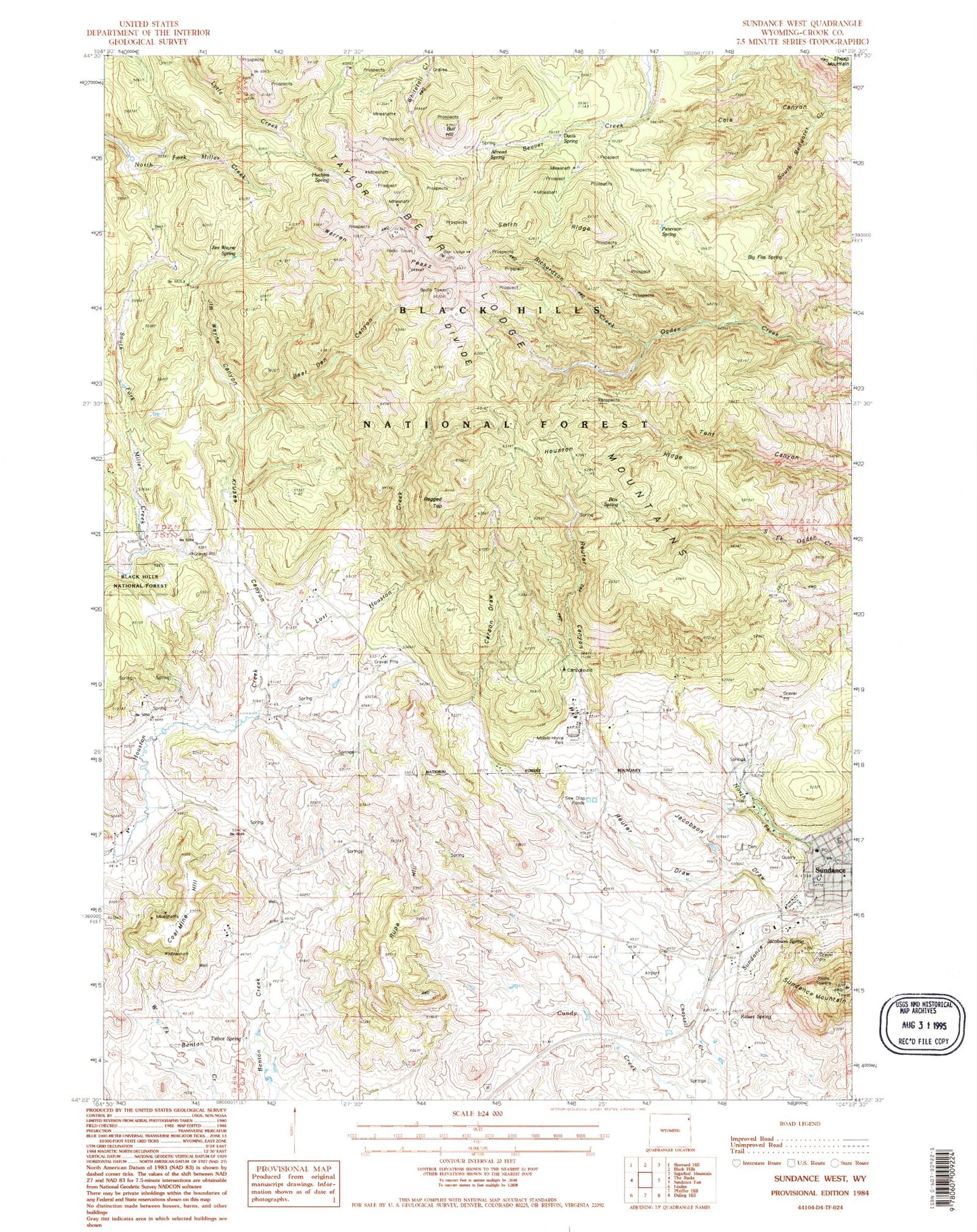 Classic USGS Sundance West Wyoming 7.5'x7.5' Topo Map Image