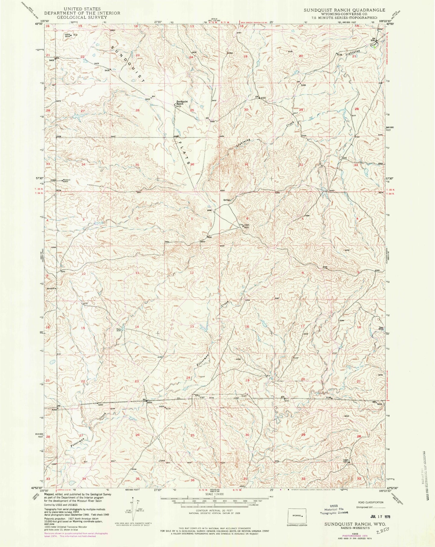 Classic USGS Sundquist Ranch Wyoming 7.5'x7.5' Topo Map Image