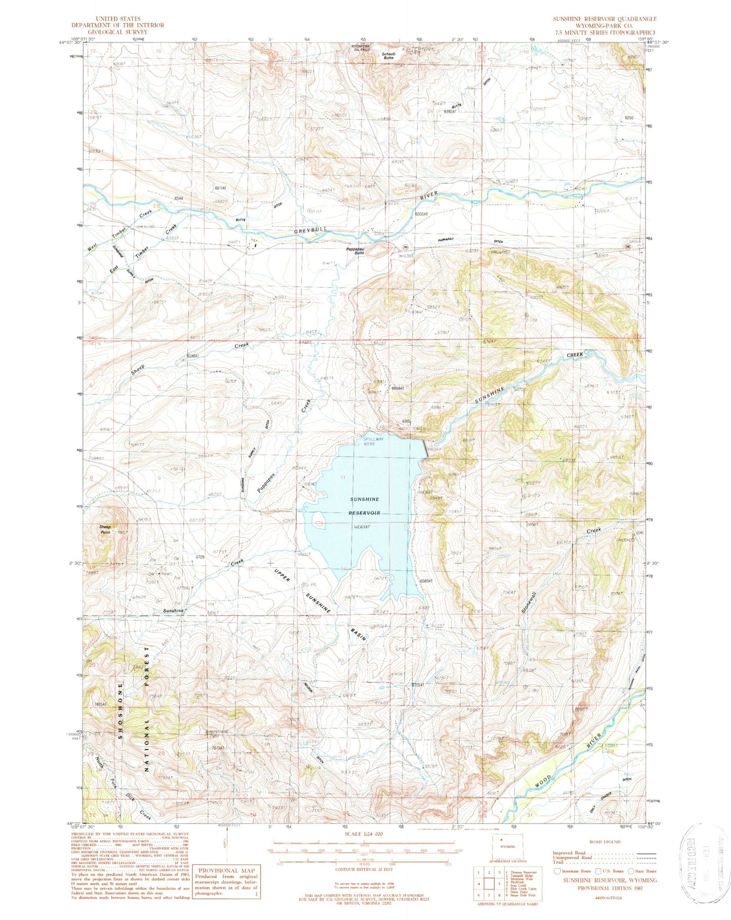 Classic USGS Sunshine Reservoir Wyoming 7.5'x7.5' Topo Map Image