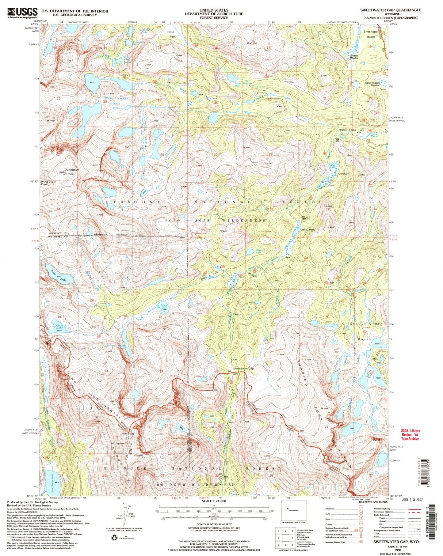 USGS Classic Sweetwater Gap Wyoming 7.5'x7.5' Topo Map Image