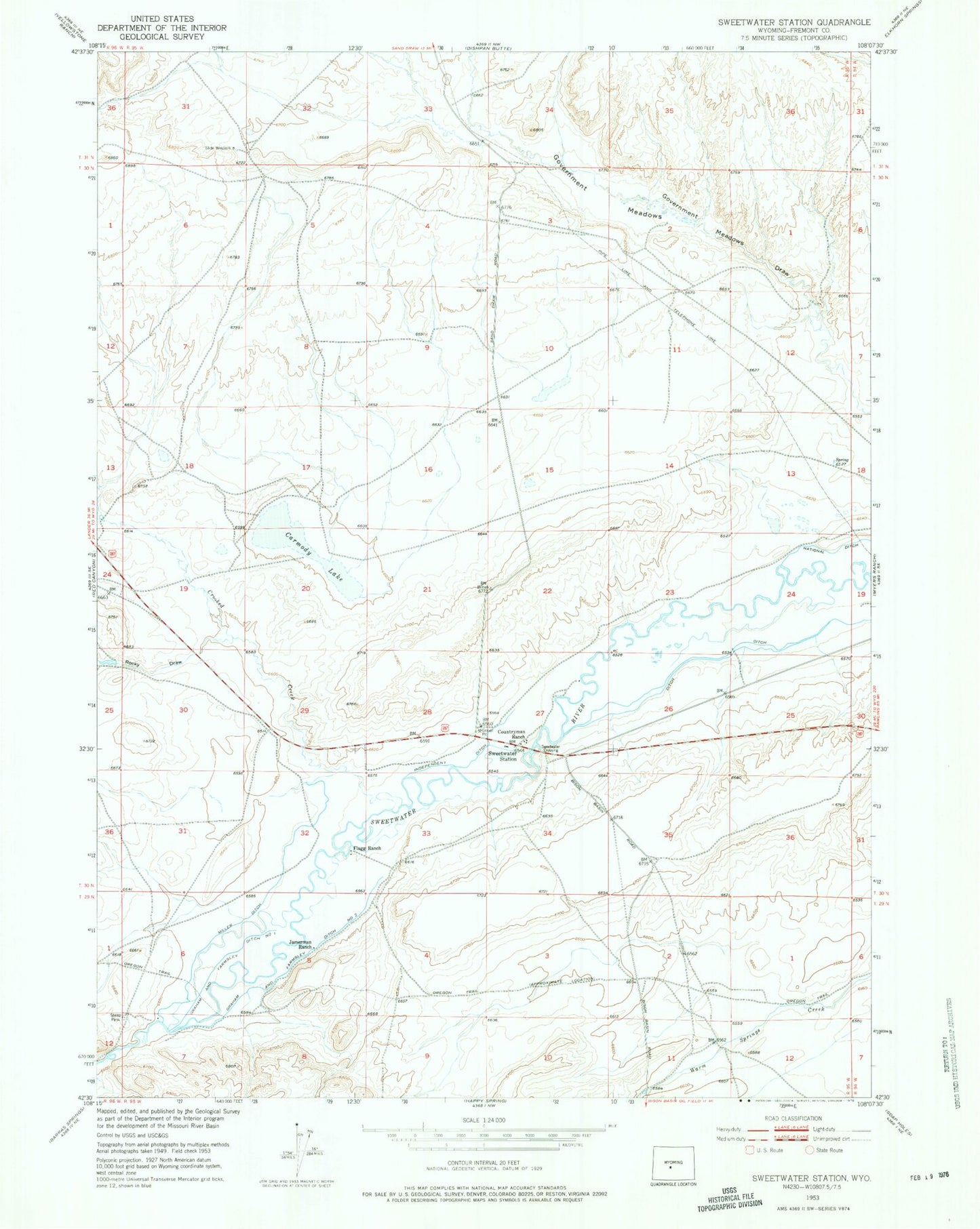 Classic USGS Sweetwater Station Wyoming 7.5'x7.5' Topo Map Image