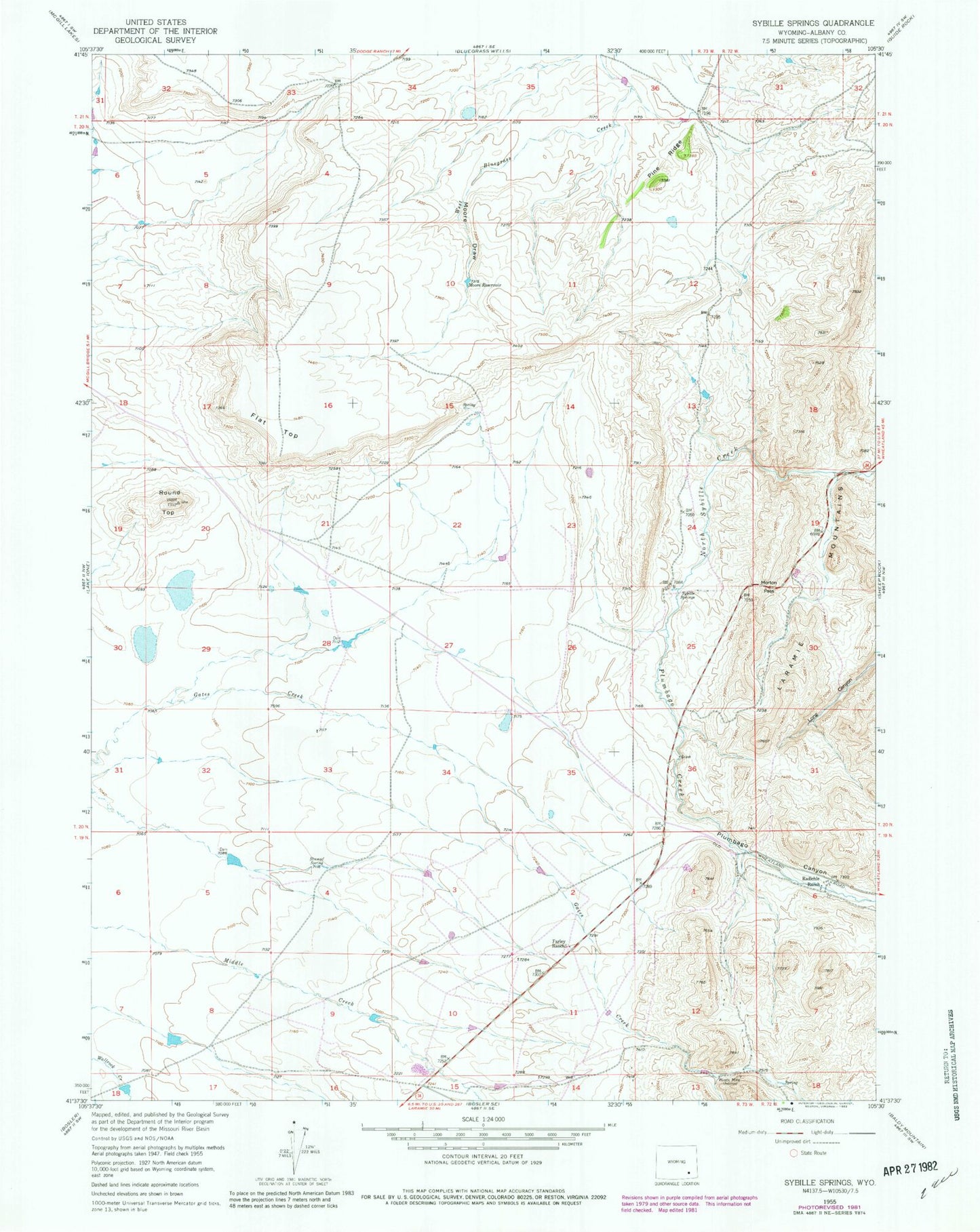 Classic USGS Sybille Springs Wyoming 7.5'x7.5' Topo Map Image