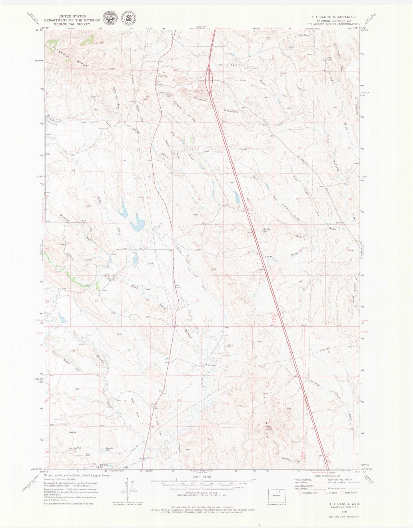 Classic USGS T A Ranch Wyoming 7.5'x7.5' Topo Map Image