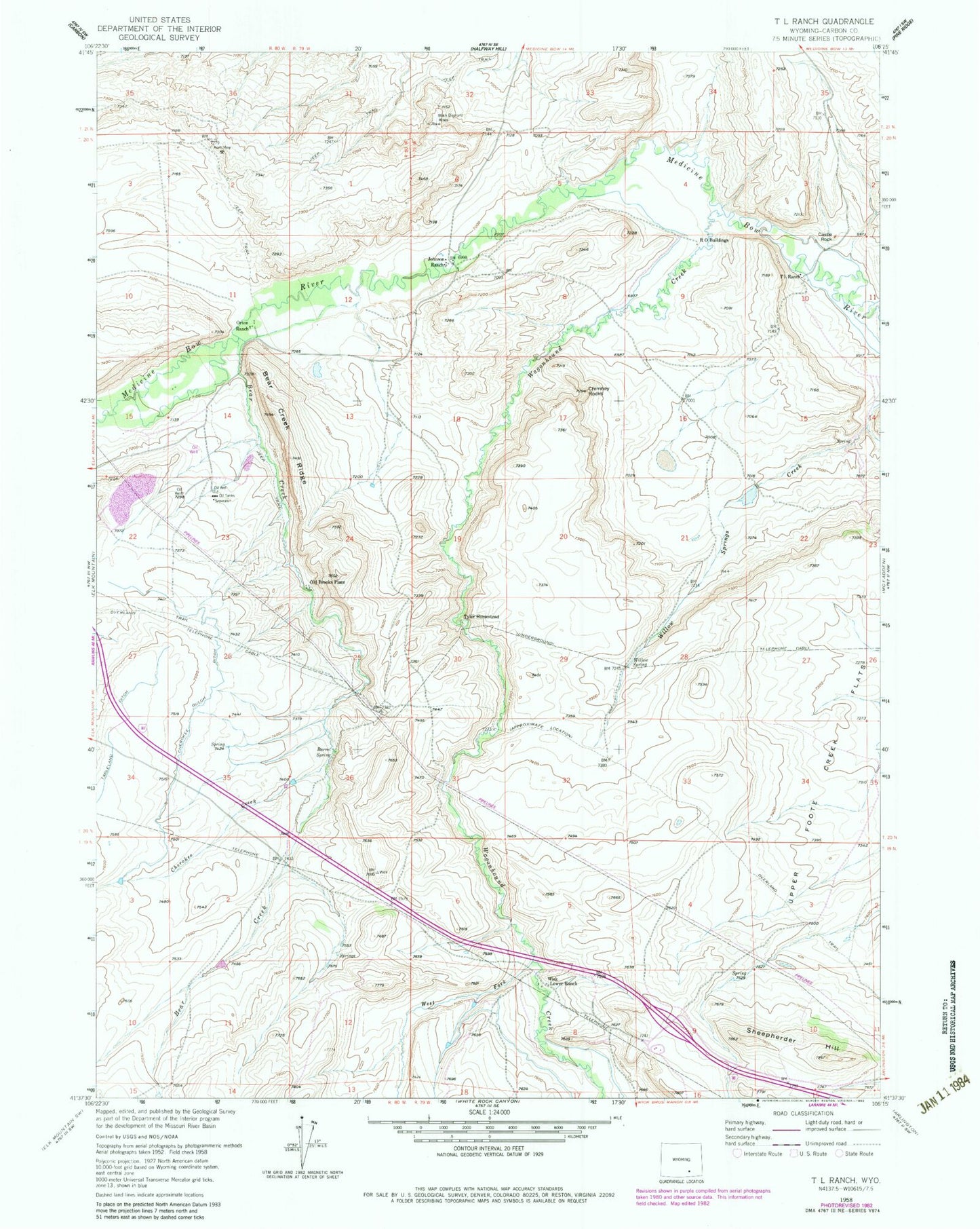 Classic USGS T L Ranch Wyoming 7.5'x7.5' Topo Map Image