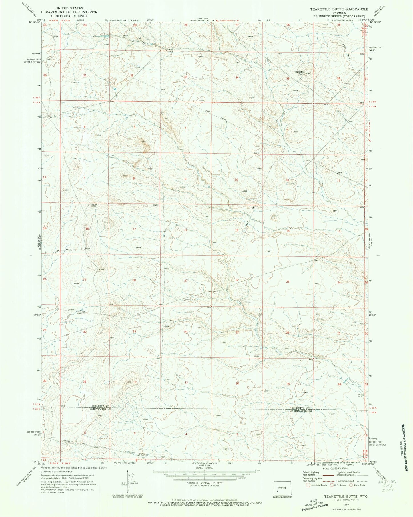 Classic USGS Teakettle Butte Wyoming 7.5'x7.5' Topo Map Image