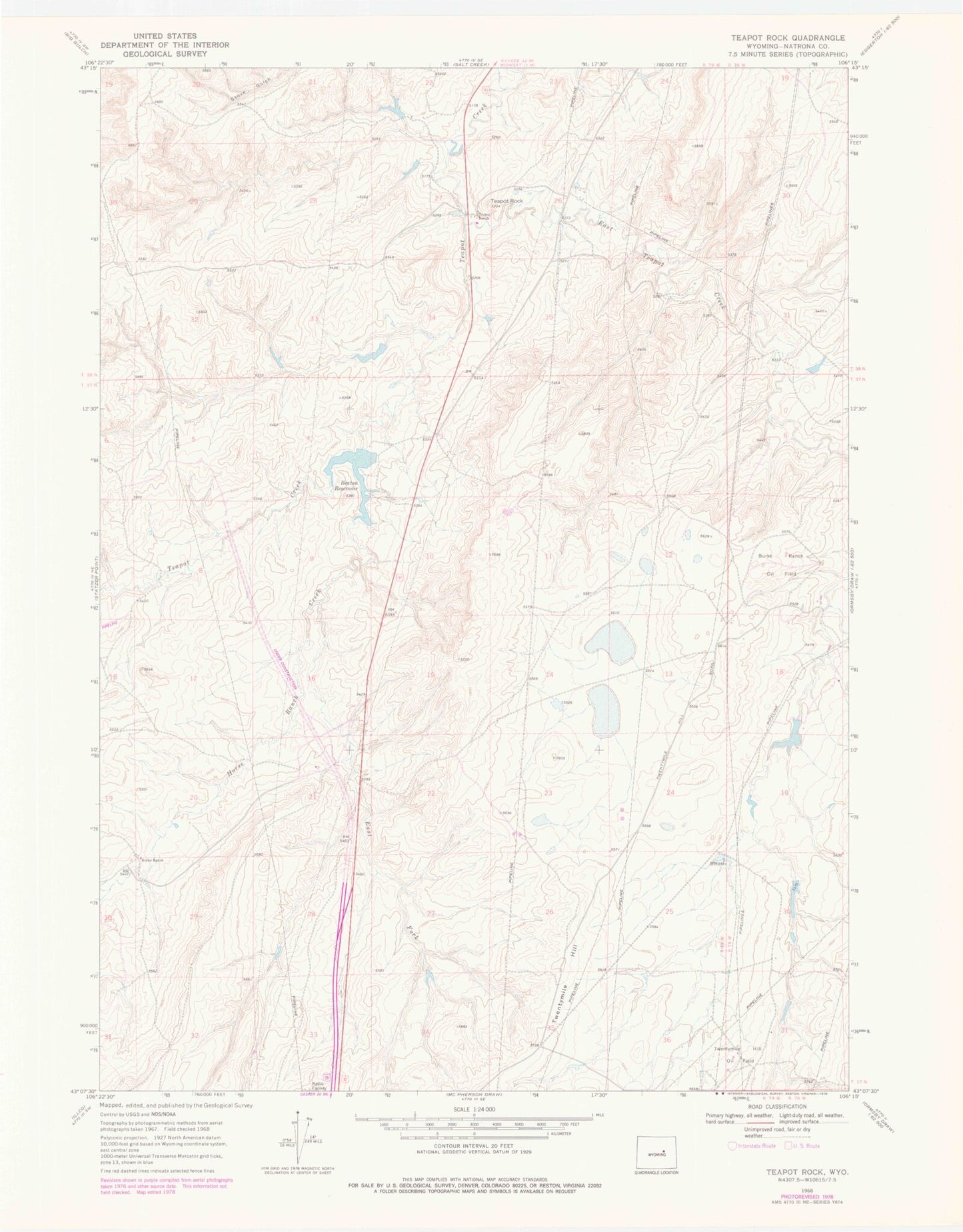 Classic USGS Teapot Rock Wyoming 7.5'x7.5' Topo Map Image