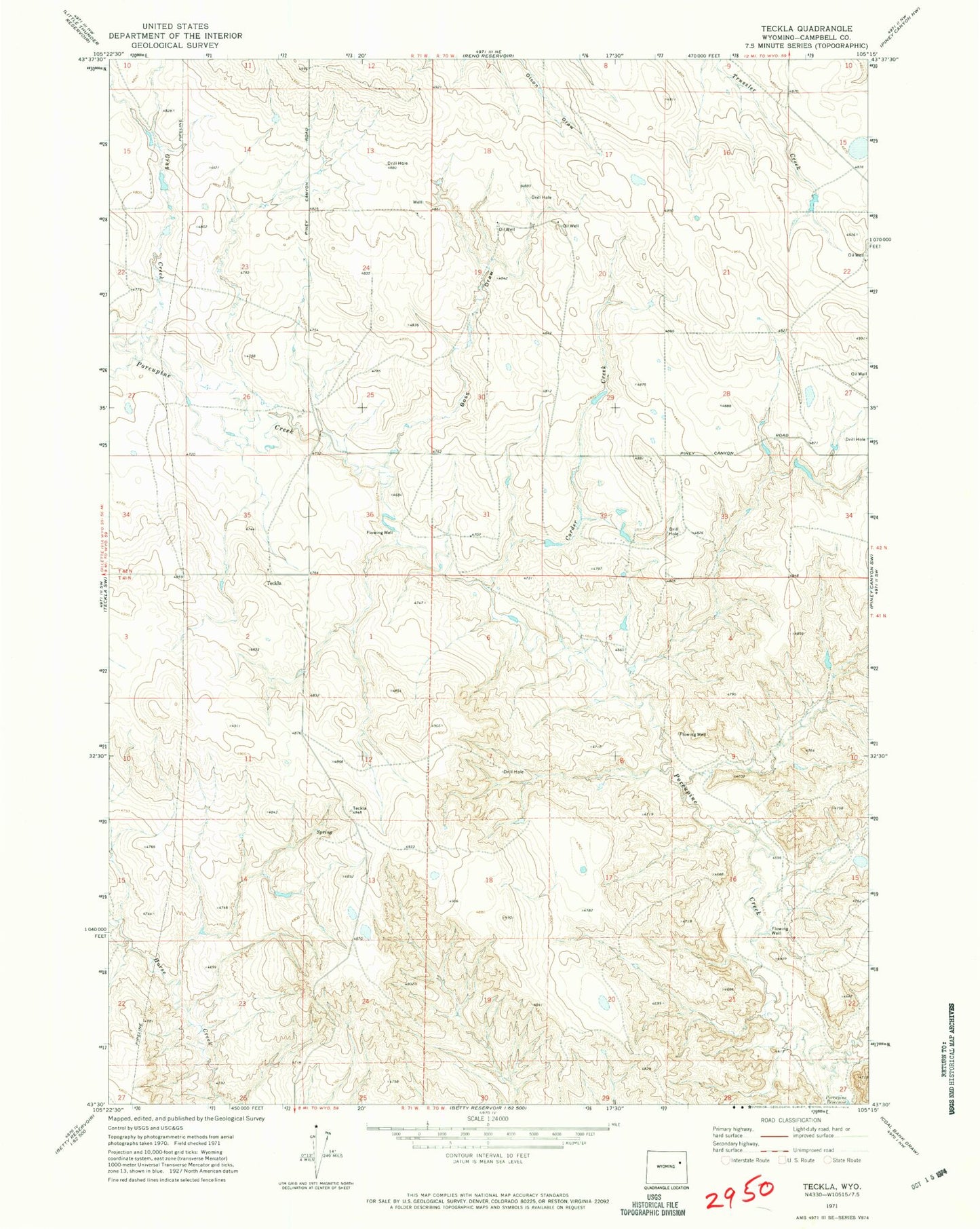 Classic USGS Teckla Wyoming 7.5'x7.5' Topo Map Image