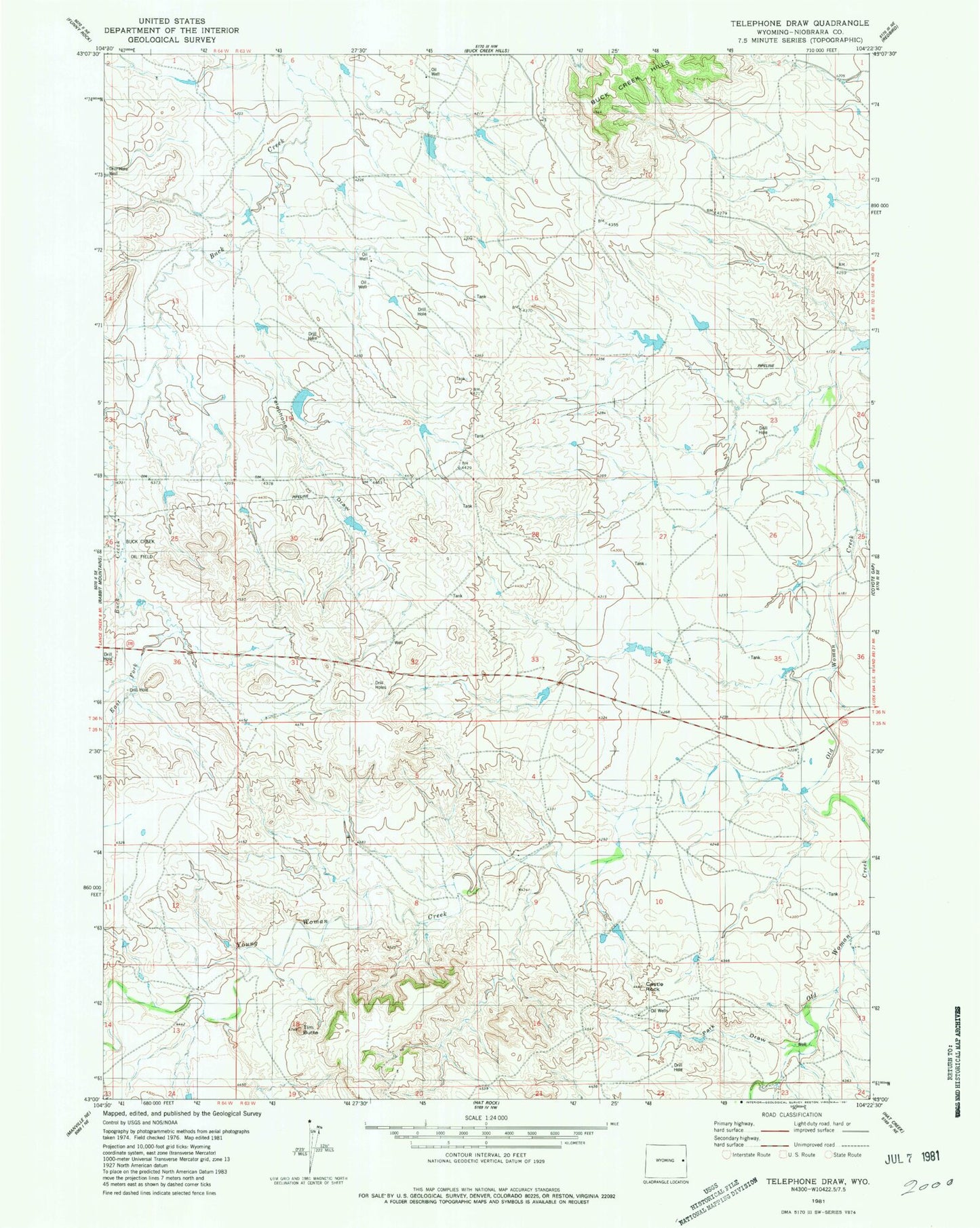 Classic USGS Telephone Draw Wyoming 7.5'x7.5' Topo Map Image