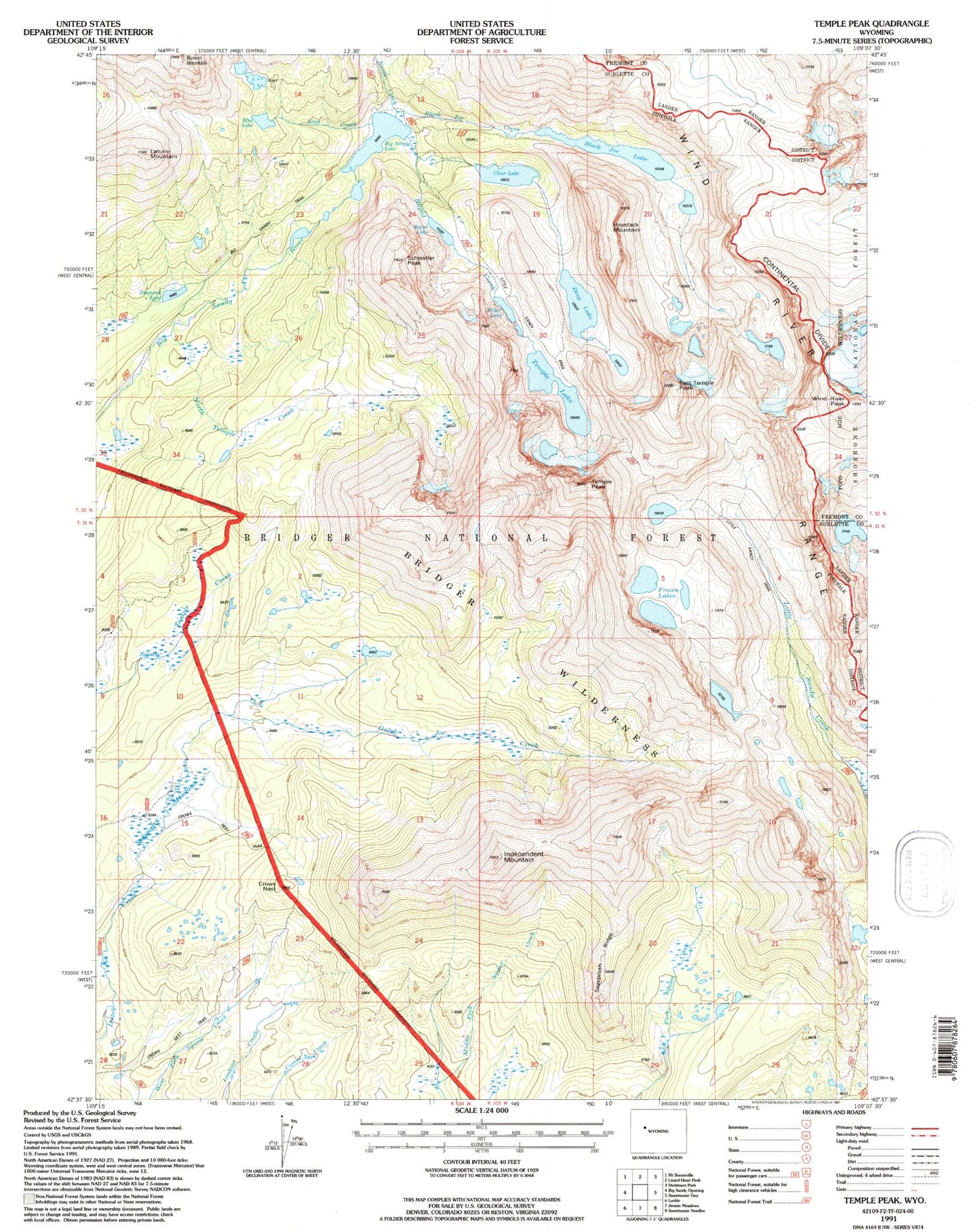 USGS Classic Temple Peak Wyoming 7.5'x7.5' Topo Map Image