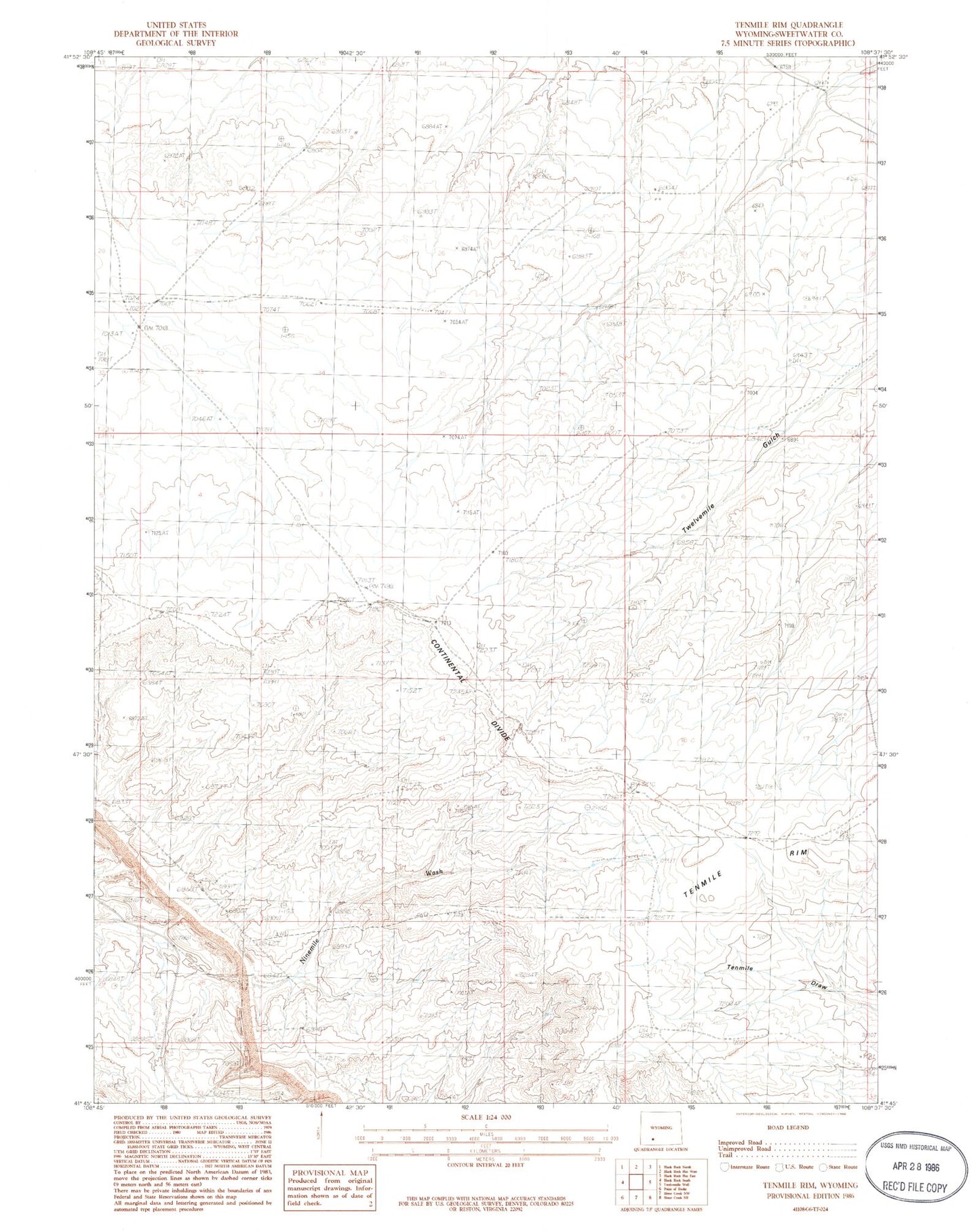 Classic USGS Tenmile Rim Wyoming 7.5'x7.5' Topo Map Image