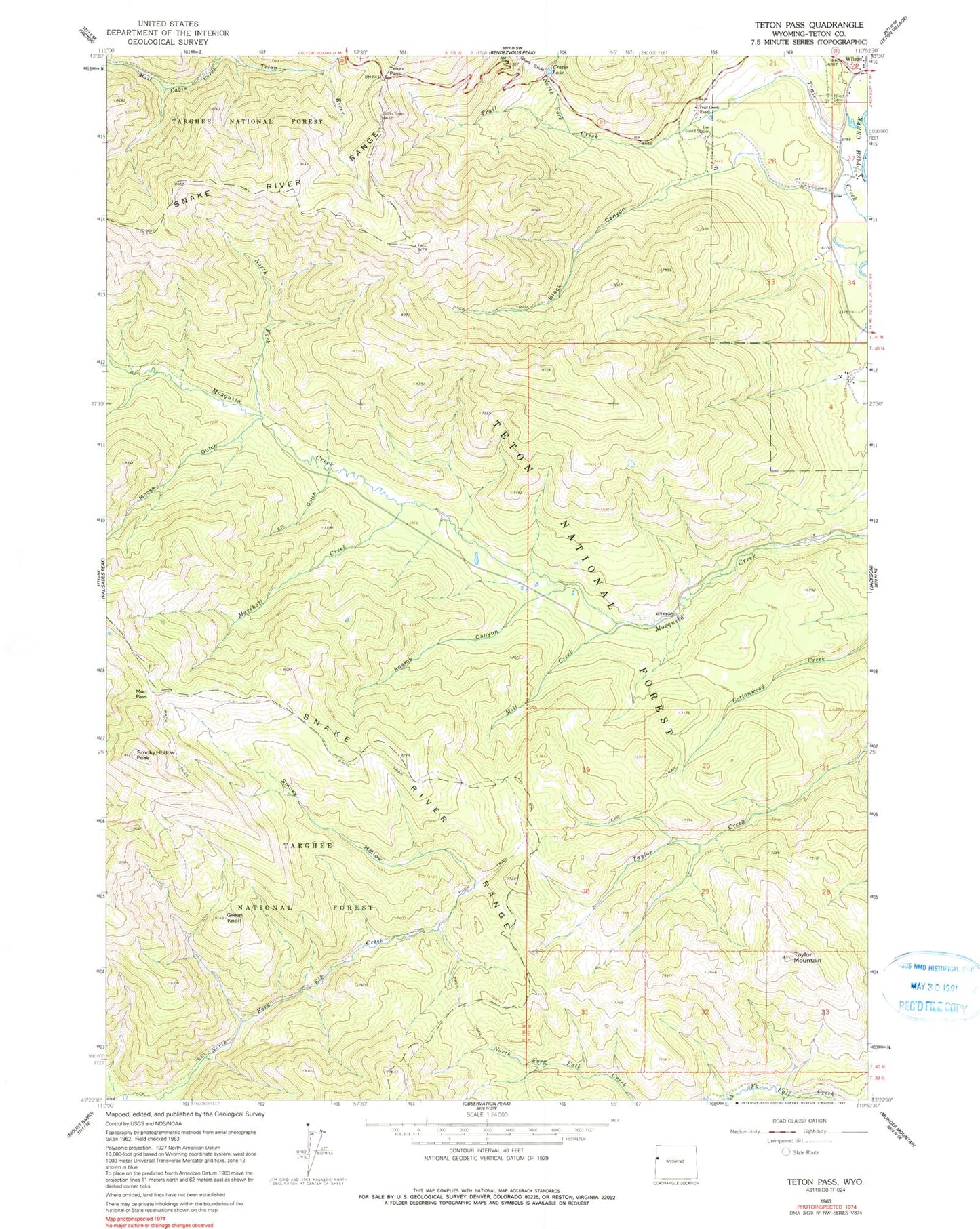 Classic USGS Teton Pass Wyoming 7.5'x7.5' Topo Map Image