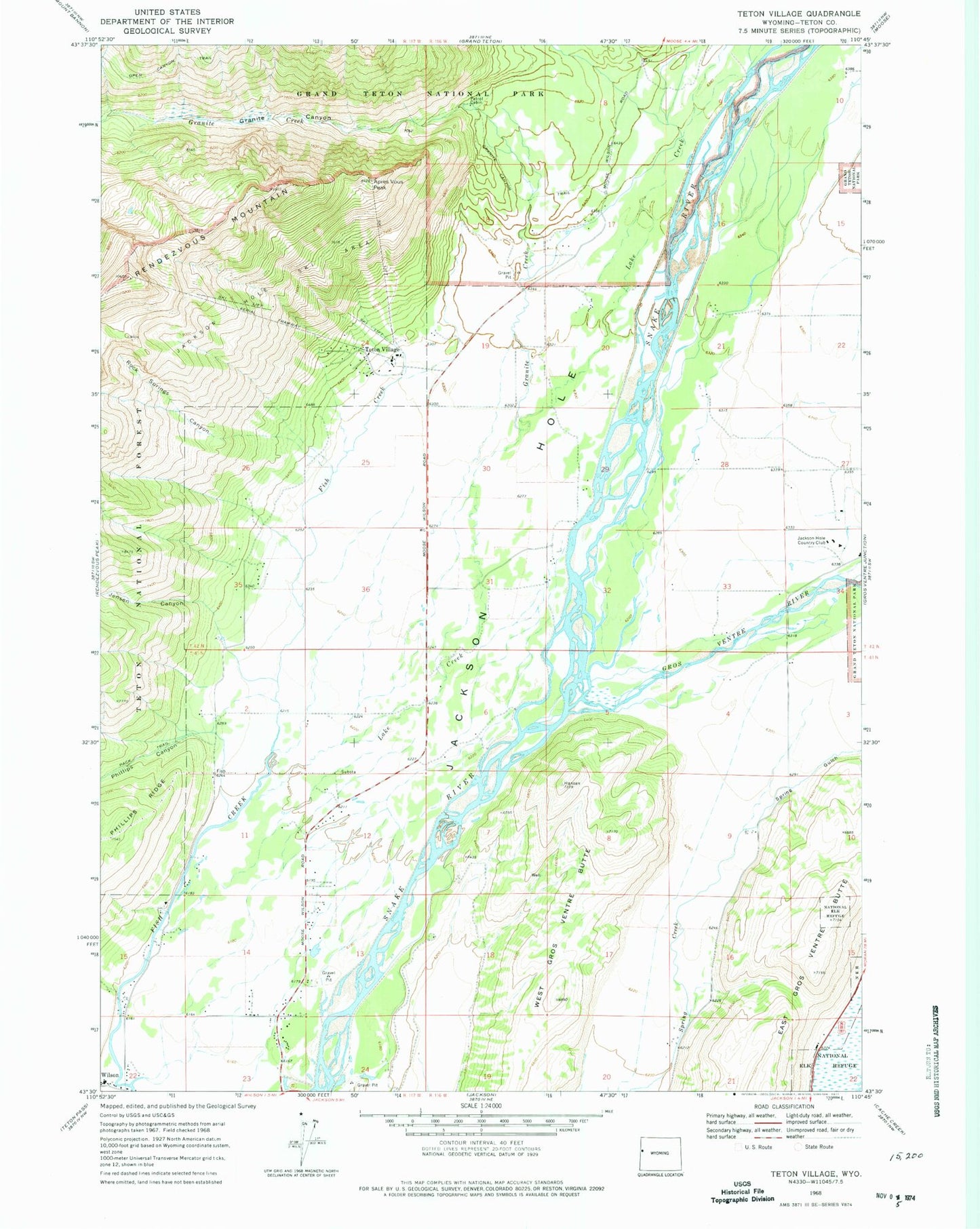 Classic USGS Teton Village Wyoming 7.5'x7.5' Topo Map Image
