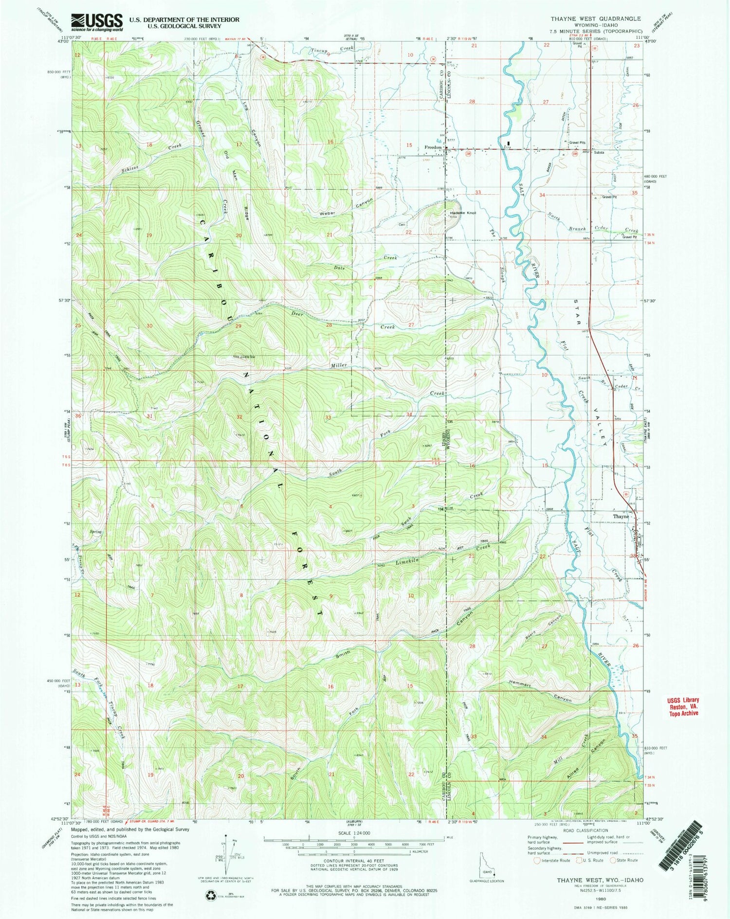 Classic USGS Thayne West Wyoming 7.5'x7.5' Topo Map Image