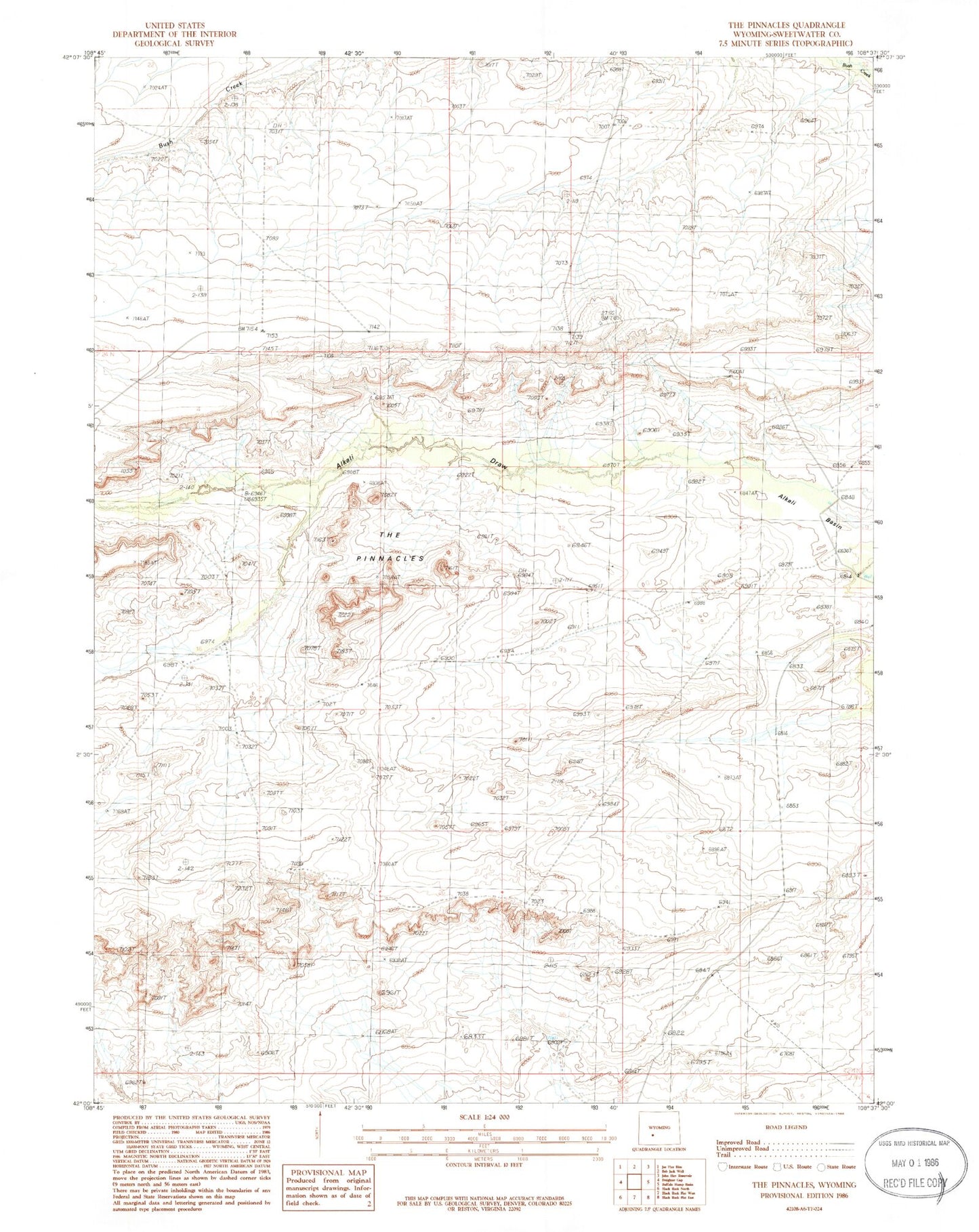 Classic USGS The Pinnacles Wyoming 7.5'x7.5' Topo Map Image