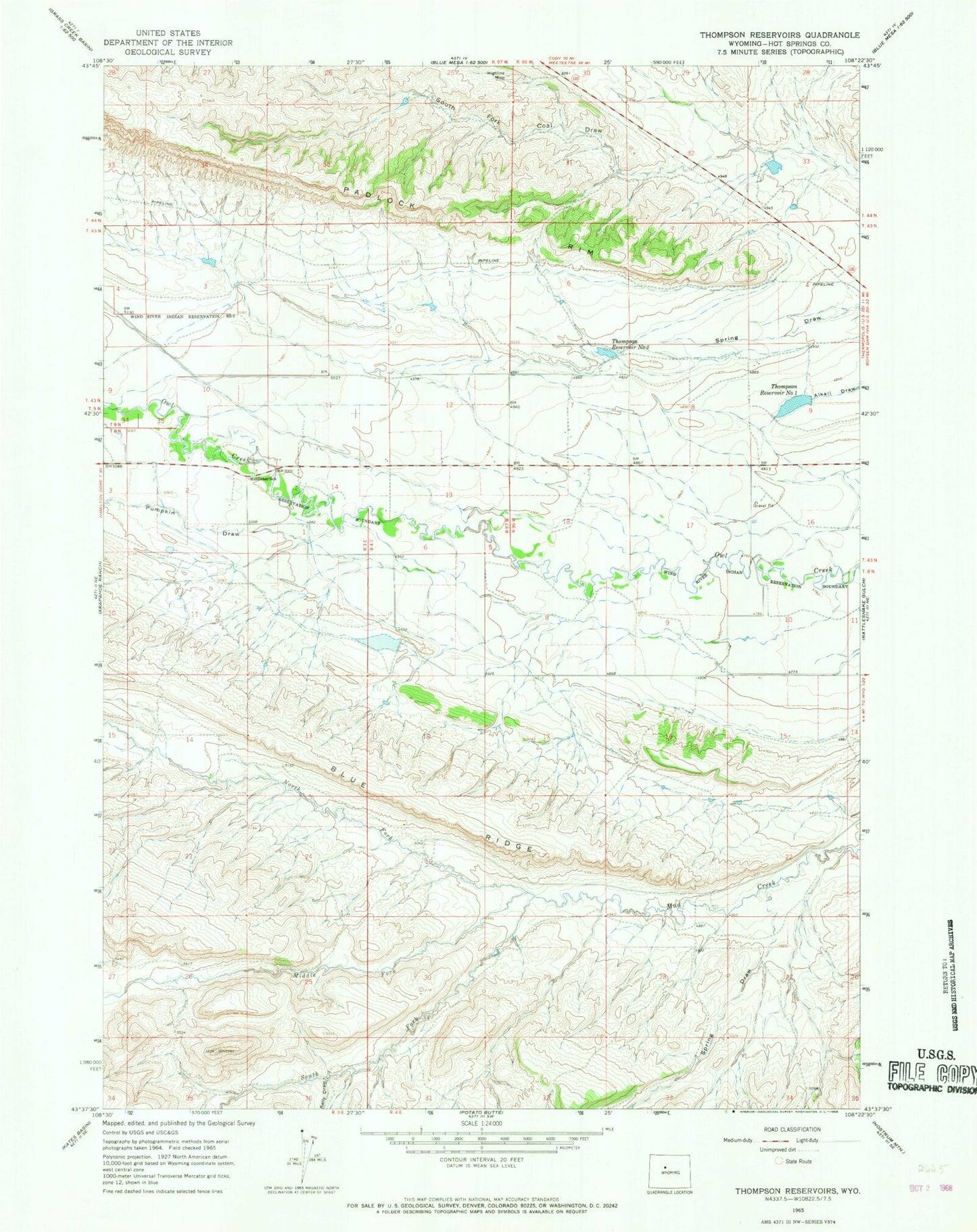 Classic USGS Thompson Reservoirs Wyoming 7.5'x7.5' Topo Map Image