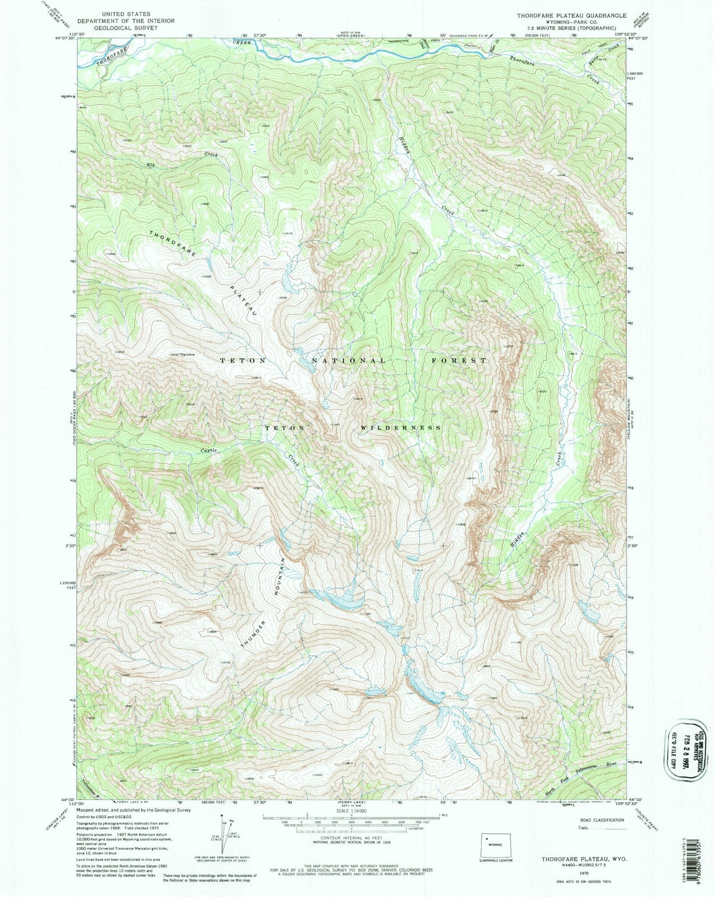 Classic USGS Thorofare Plateau Wyoming 7.5'x7.5' Topo Map Image