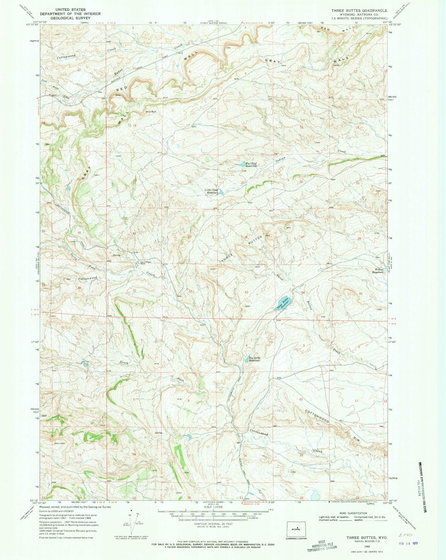 Classic USGS Three Buttes Wyoming 7.5'x7.5' Topo Map Image