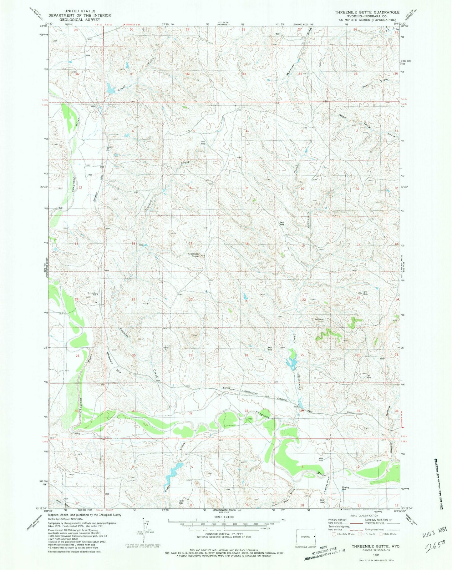 Classic USGS Threemile Butte Wyoming 7.5'x7.5' Topo Map Image