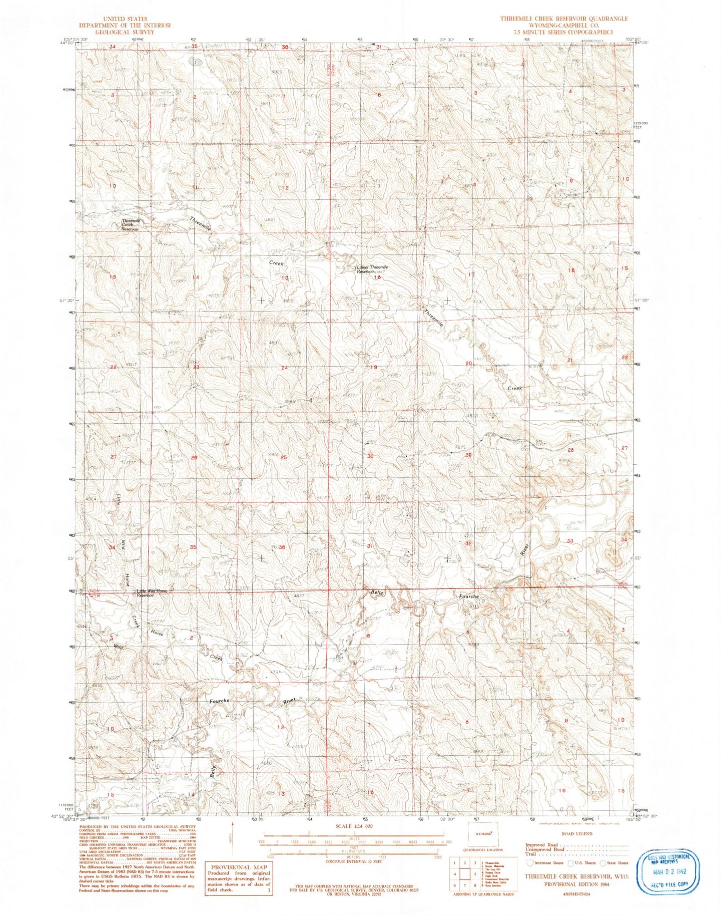 Classic USGS Threemile Creek Reservoir Wyoming 7.5'x7.5' Topo Map Image