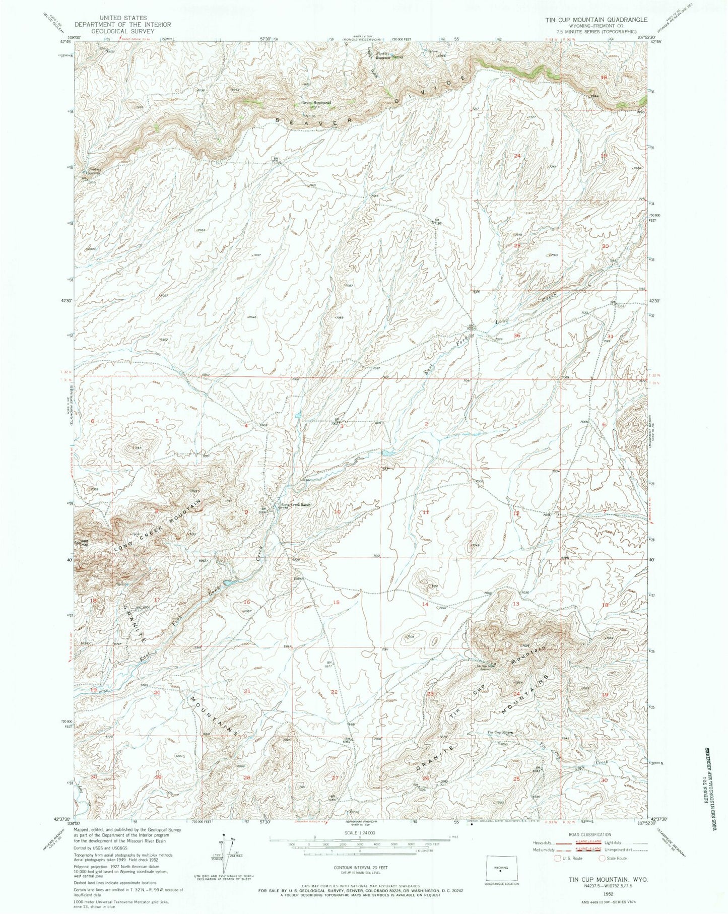 Classic USGS Tin Cup Mountain Wyoming 7.5'x7.5' Topo Map Image