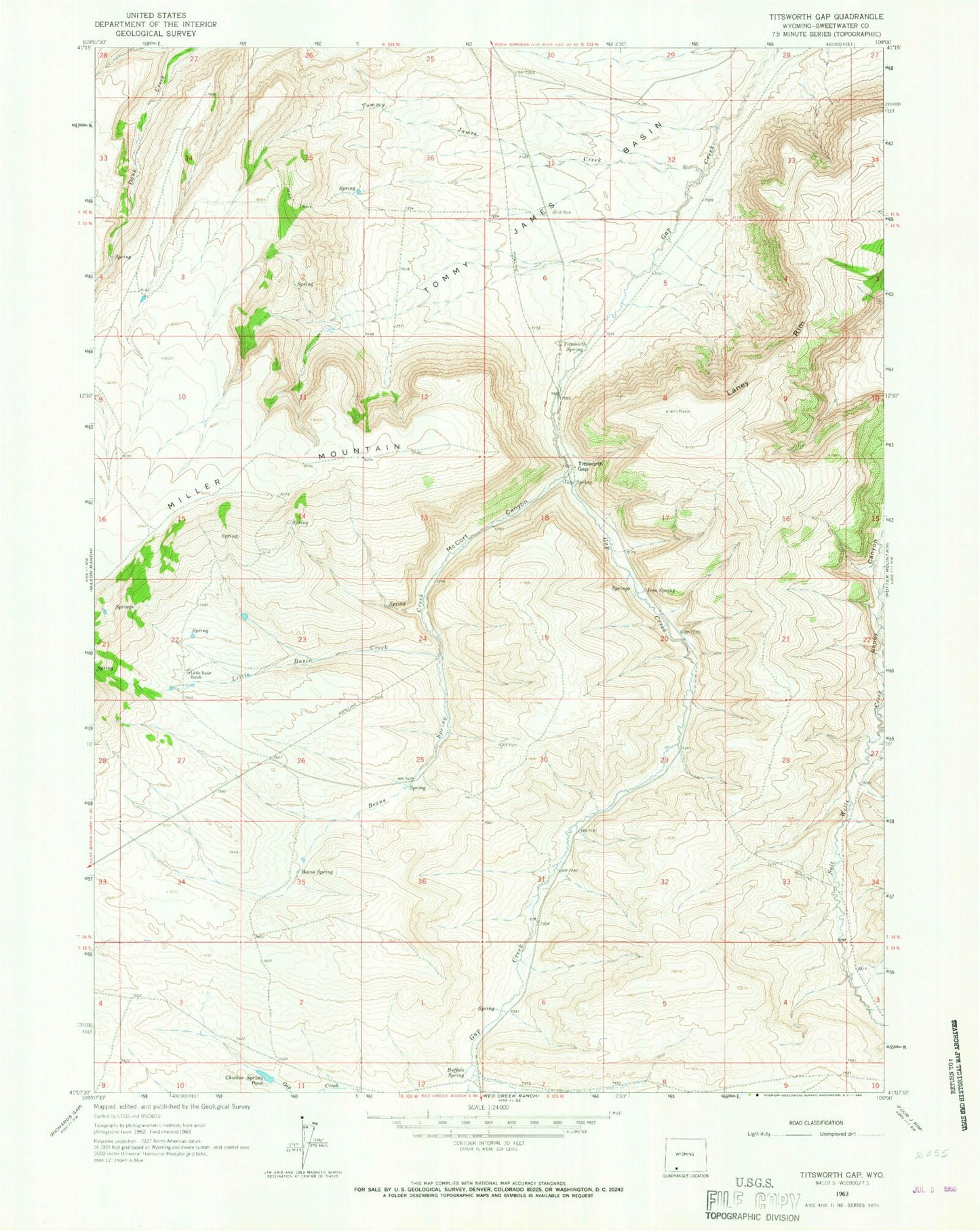 Classic USGS Titsworth Gap Wyoming 7.5'x7.5' Topo Map Image