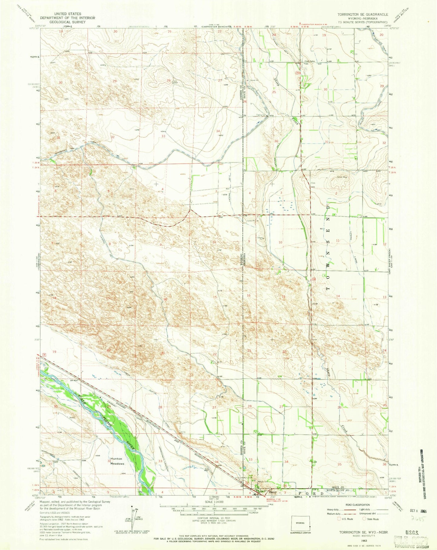 Classic USGS Torrington SE Wyoming 7.5'x7.5' Topo Map Image