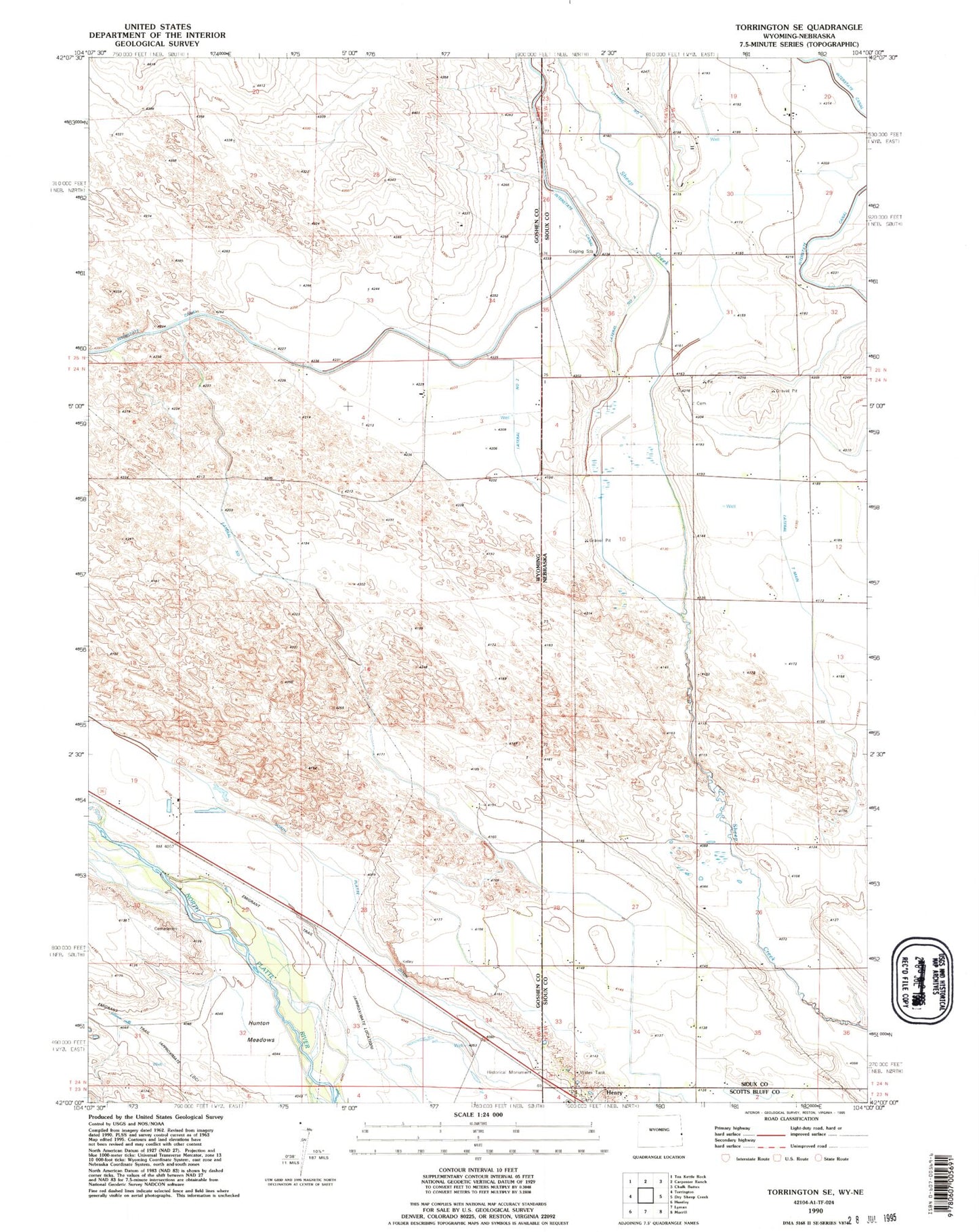 Classic USGS Torrington SE Wyoming 7.5'x7.5' Topo Map Image