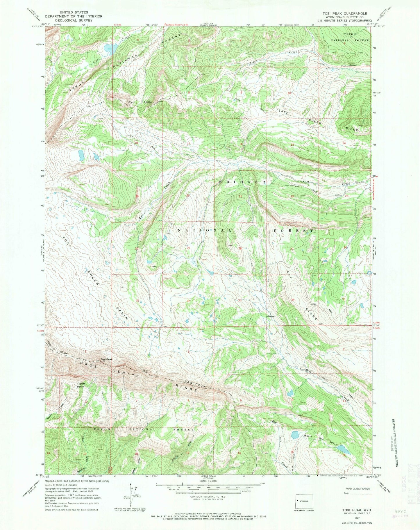 Classic USGS Tosi Peak Wyoming 7.5'x7.5' Topo Map Image